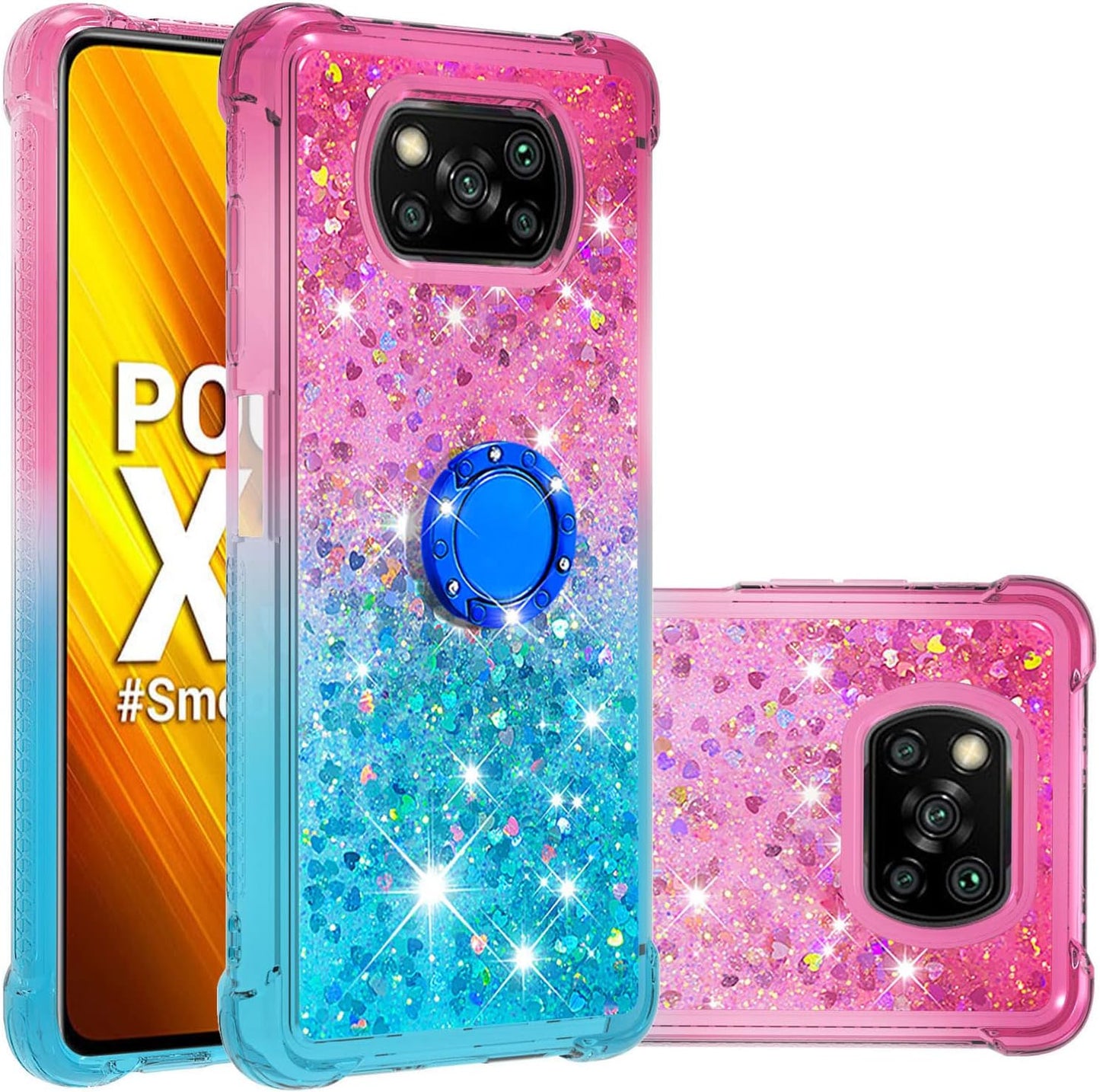 Monwutong Phone Case for Xiaomi Poco X3 NFC, Case for Xiaomi Poco X3 Pro, Shiny Bling Quicksand Effect TPU Bumper Case with Four Corners Protection Cover for Xiaomi Poco X3 NFC/X3 Pro, Purple Blue Monwutong Pink Blue