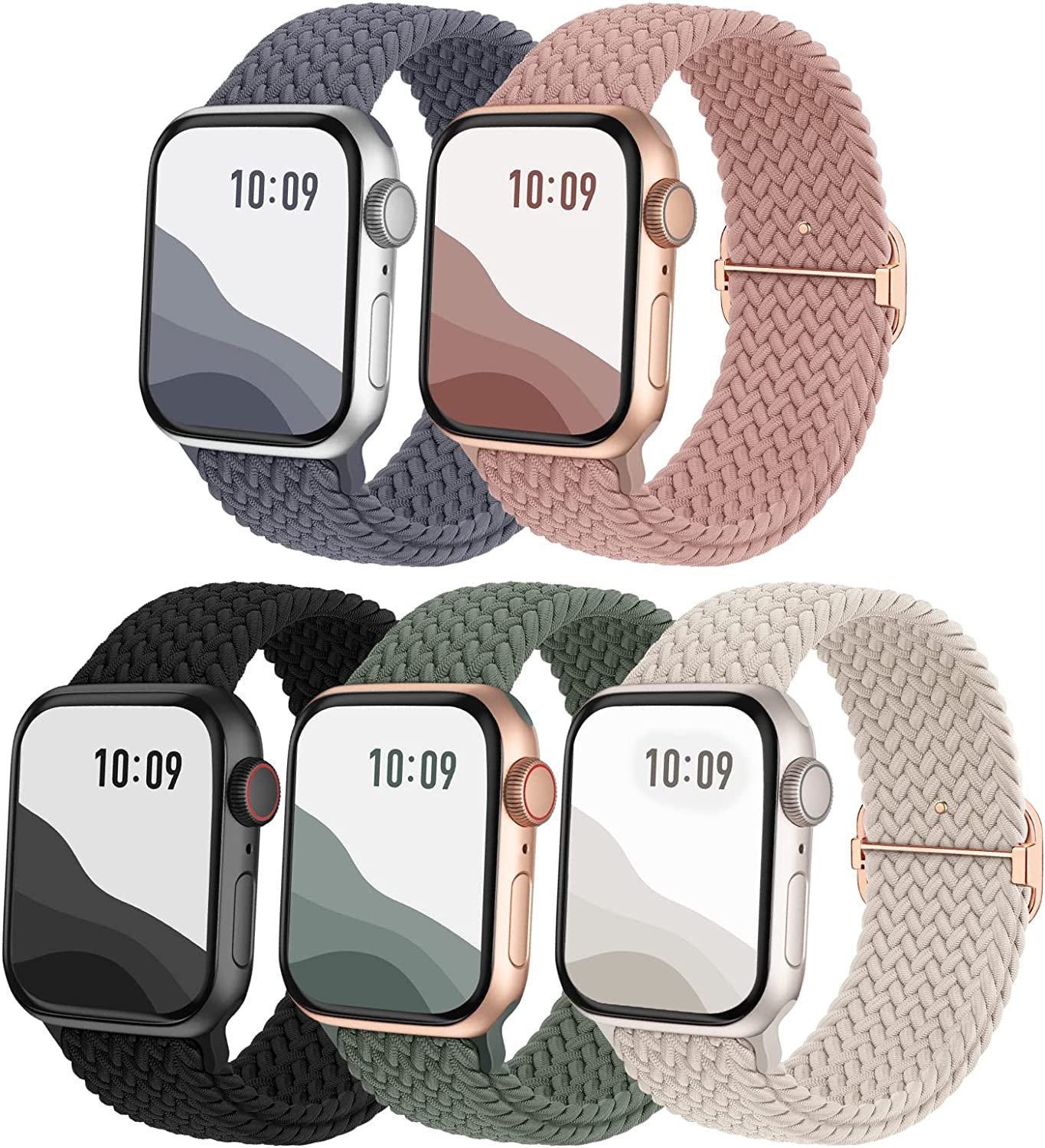 Braided Solo Loop Bands 5-Pack Compatible with Apple Watch Band 38Mm 40Mm 41Mm 42Mm 44Mm 45Mm 49Mm Women Men, Adjustable Stretchy Elastic Strap for Iwatch Series Ultra SE 8 7 6 5 4 3 2 1 Viccoky Black/BlueGrey/Cactus/NudePink/Starlight 38/40/41mm