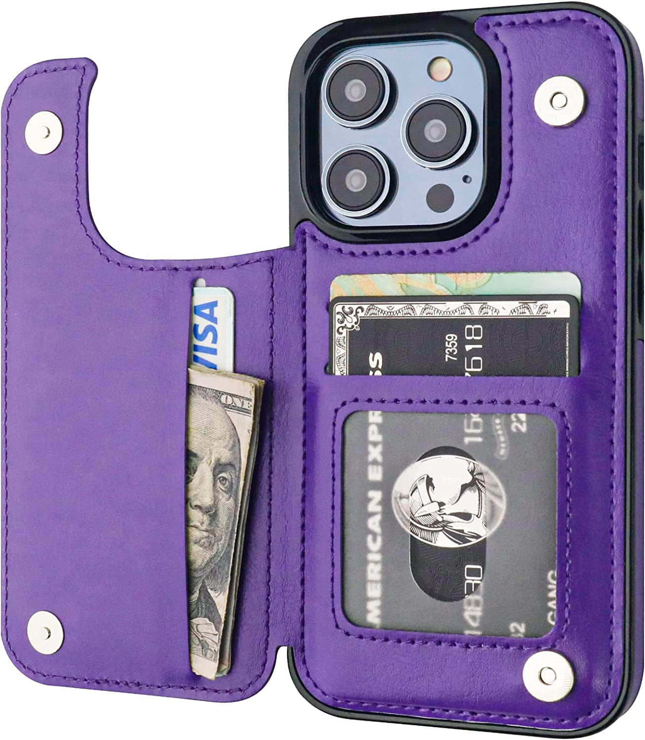 ONETOP Compatible with Iphone 14 Pro Wallet Case with Card Holder, PU Leather Kickstand Card Slots Case, Double Magnetic Clasp and Durable Shockproof Cover 6.1 Inch (Blue) Onetop Purple