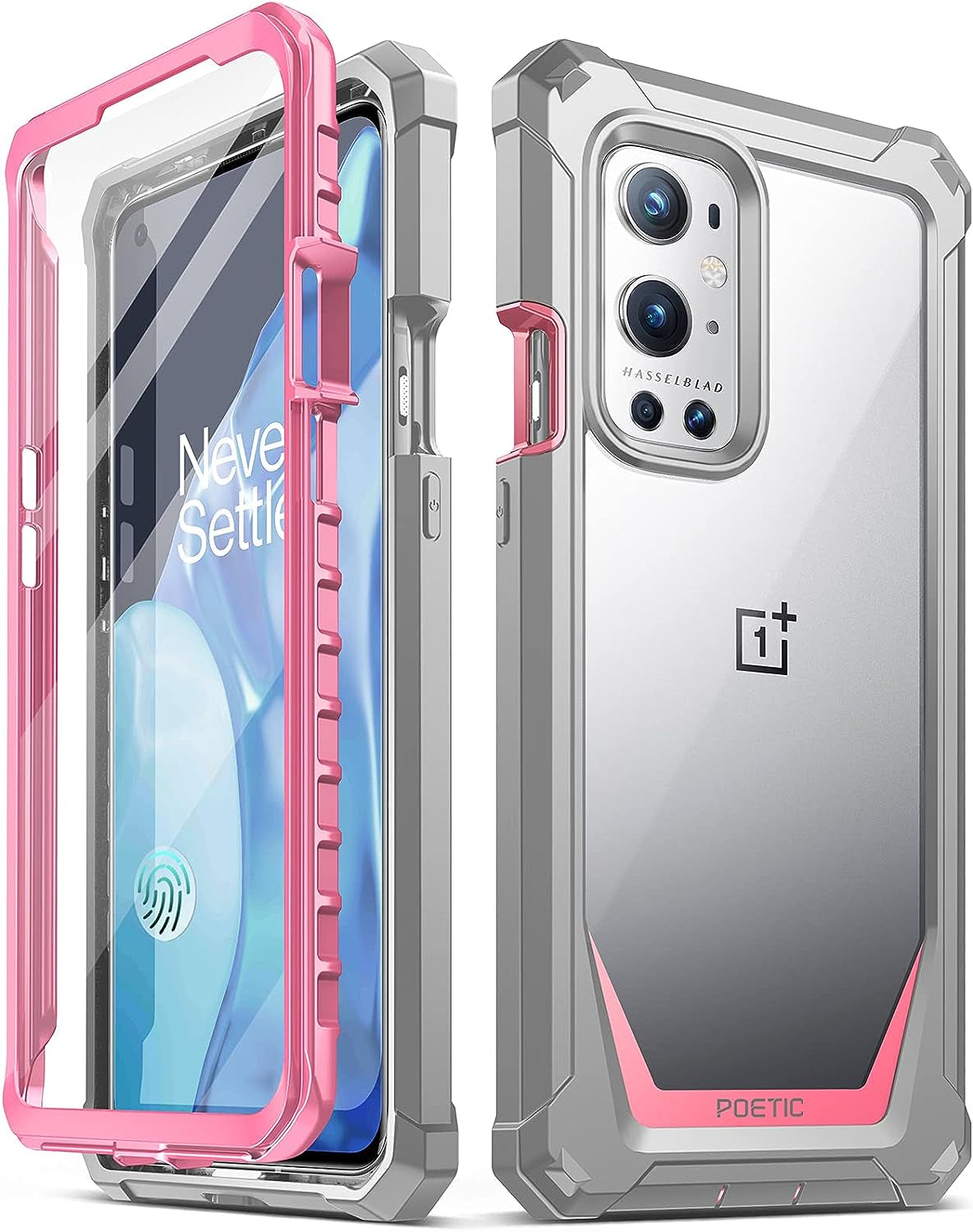 Poetic Guardian Case Designed for Oneplus 9 Pro 5G, Built-In Screen Protector Work with Fingerprint ID, Full Body Hybrid Shockproof Bumper Cover Case, Blue/Clear Poetic Pink