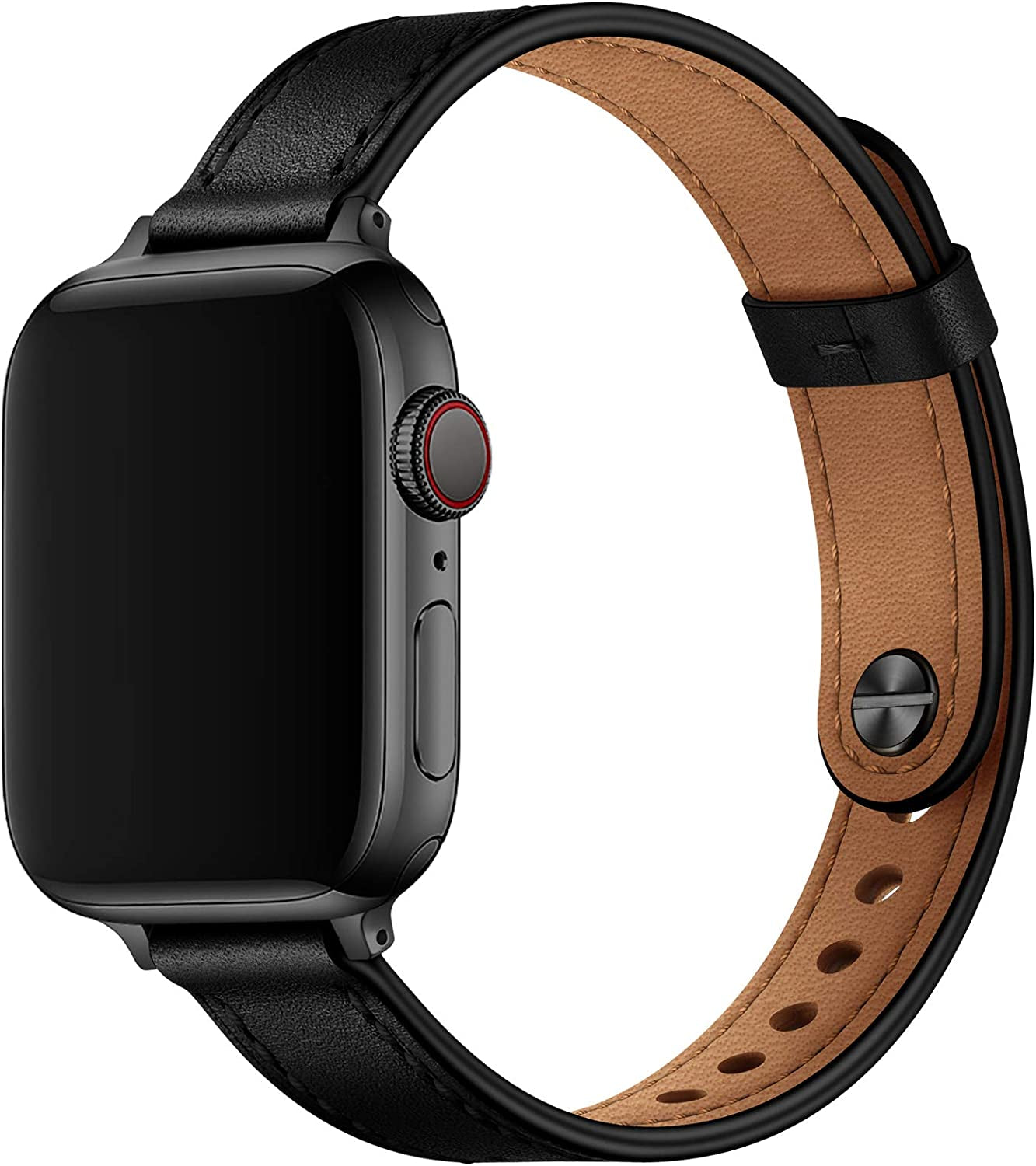 OUHENG Slim Band Compatible with Apple Watch Band 41Mm 40Mm 38Mm, Women Genuine Leather Band Replacement Thin Strap for Iwatch SE SE2 Series 8 7 6 5 4 3 2 1 (Brown/Rose Gold, 41Mm 40Mm 38Mm) OUHENG Black/Black 41mm/40mm/38mm