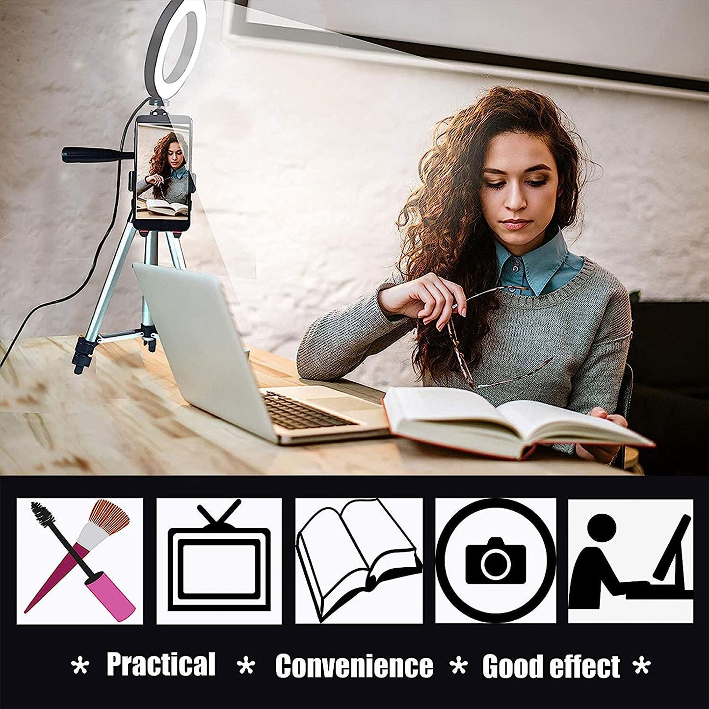 Wongping 6" Ring Light with Tripod Stand for Youtube Video Selfie Live Stream and Makeup Dimmable LED Camera Light with Cellphone Holder Desktop 48 Led Lamp WongPing