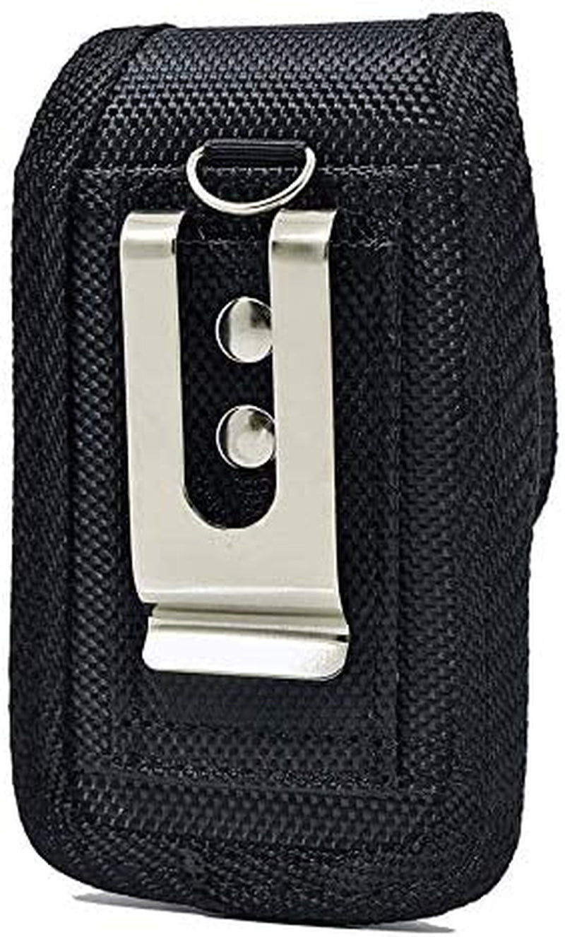 Universal Heavy Duty Rugged Nylon Canvas Protective Carrying Cell Phone Case Pouch (With Metal Belt Clip) for Medium Sized Flip Phones - Black NEM