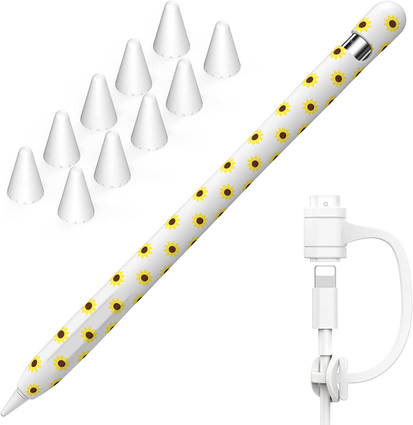 NIUTRENDZ Sunflower Case for Apple Pencil 1St Generation Case Cover Silicone Protective Sleeve Accessories with Apple Pencil Tips Cover & Cable Adapter Tether (Black) NIUTRENDZ White Apple Pencil 1st Generation