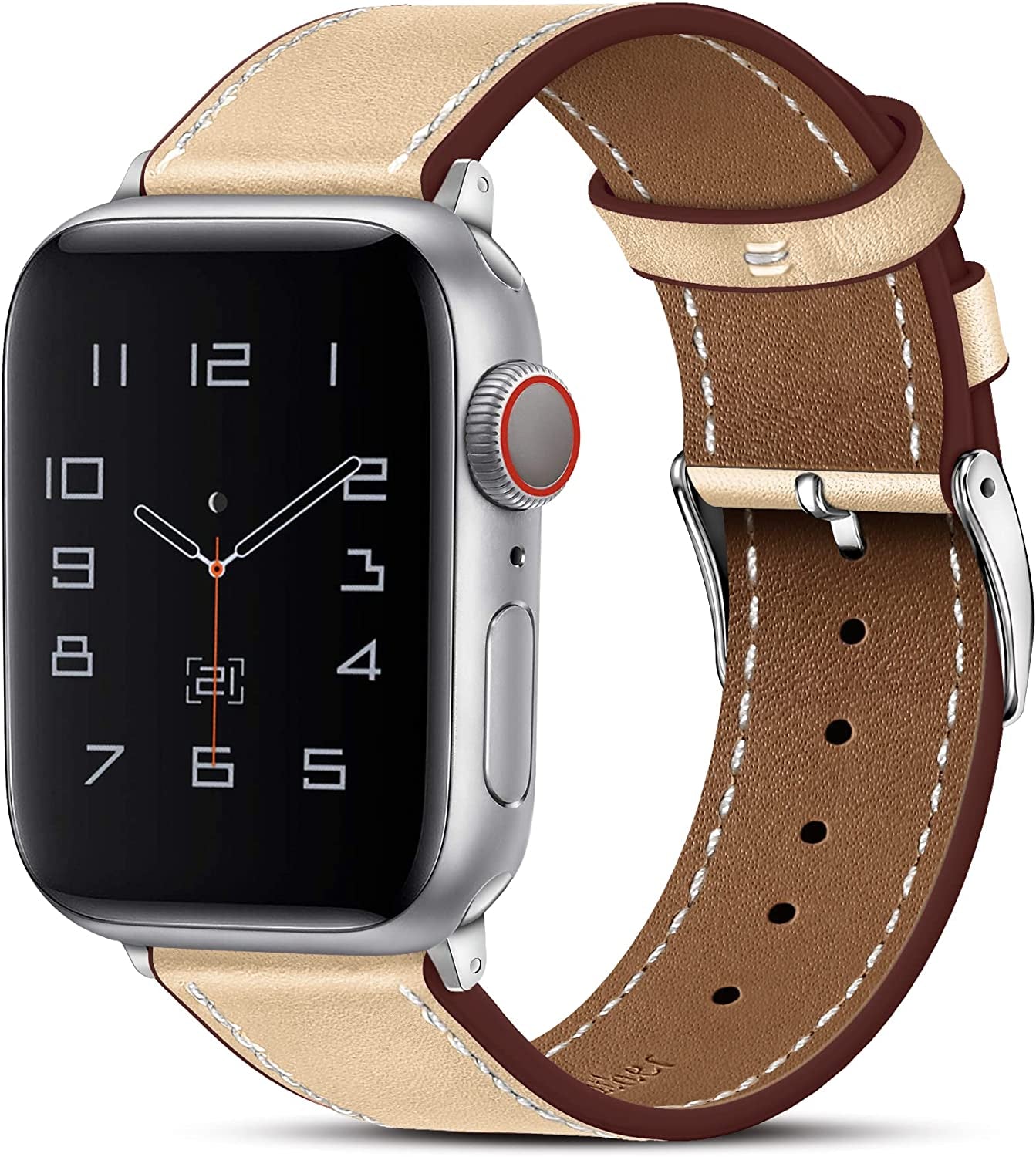 MARGE plus Compatible with Apple Watch Band Series SE 8 7 6 5 4 3 2 1 Ultra 49Mm 45Mm 41Mm 44Mm 40Mm 42Mm 38Mm, Genuine Leather Replacement Band for Iwatch, Leather Apple Watch Strap for Women & Men Ebony/Silver MARGE PLUS Apricot 42mm/44mm/45mm/49mm