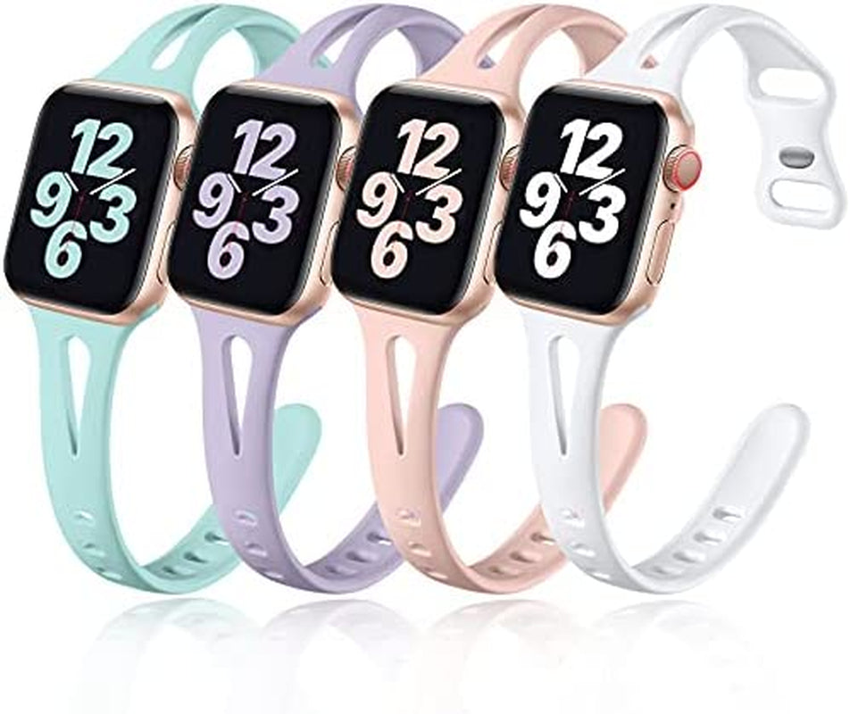Getino Compatible with Apple Watch Band 40Mm 38Mm 41Mm Iwatch Series 8 7 6 5 4 3 2 1 SE for Women Men, Stylish Durable Silicone Slim Sport Watch Bands, 4 Pack, Cyan/Lake Blue/Starlight/Grayish Purple Getino Pink Sand/White/Light Green/Lavender 42mm/44mm/45mm/49mm