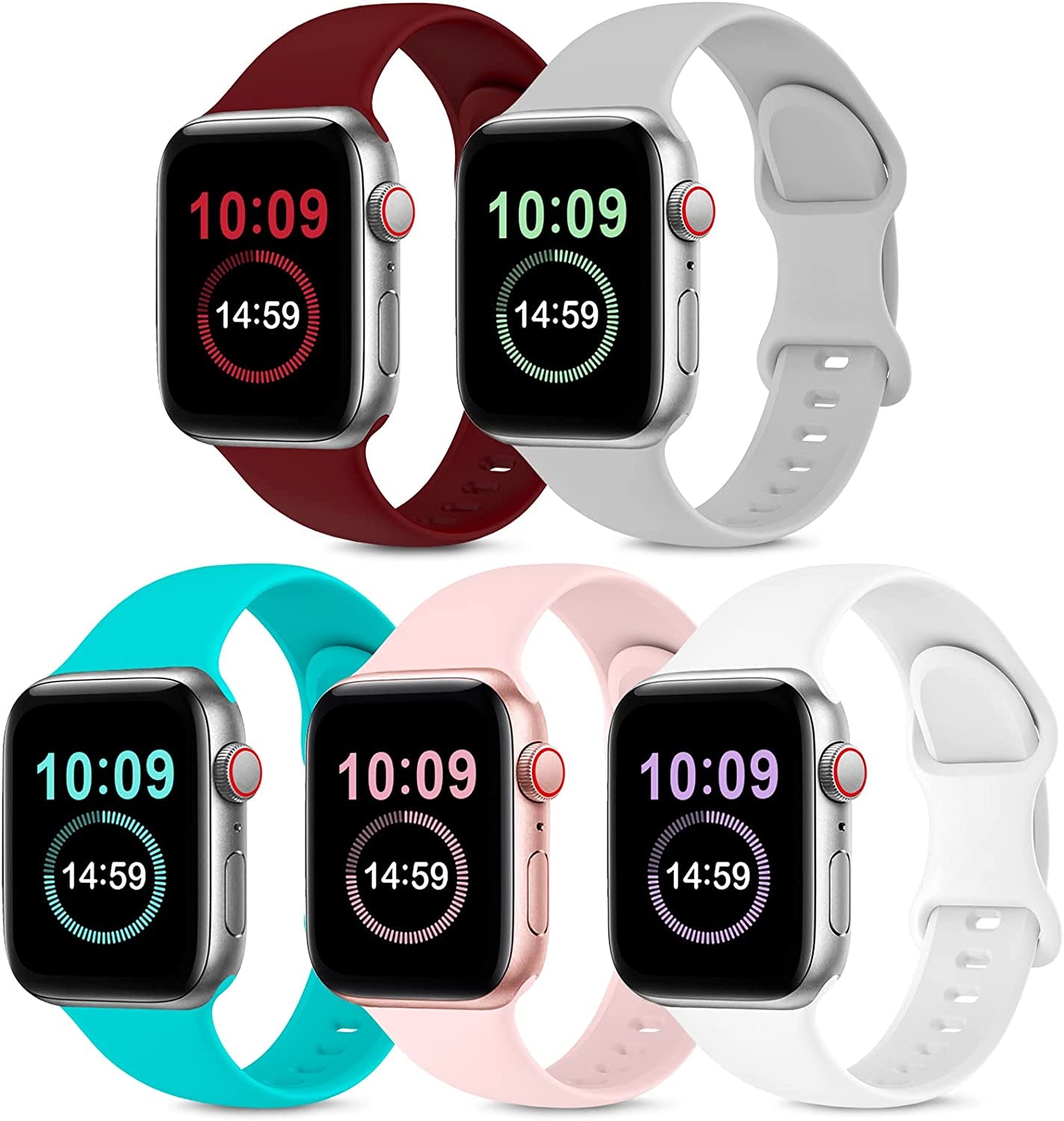 OYODSS 5 Pack Bands Compatible with Apple Watch Band 38Mm 40Mm 41Mm 42Mm 44Mm 45Mm 49Mm Women Men, Soft Silicone Sport Replacement Strap Compatible with Iwatch Ultra SE Series 8 7 6 5 4 3 2 1 OYODSS Wine Red/Gray/Teal/Pink/White 42mm/44mm/45mm/49mm M/L