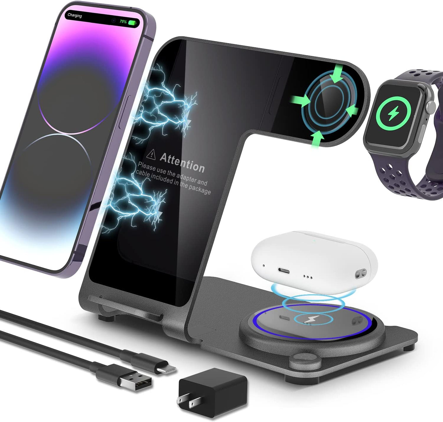 Wireless Charger 3 in 1,Aluminum Alloy Wireless Charging Station 18W Fast Charging for Iphone 14/13/12/11/Pro/Max/Xs/Xr/X/8, Iwatch8/7/6/5/4/3/2/Se, Airpods Pro/3/2/1(Purple) Any warphone Gray