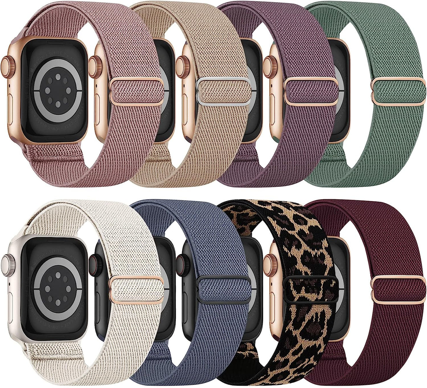 8 Pack Stretchy Nylon Bands Compatible with Apple Watch Band 38Mm 40Mm 41Mm 42Mm 44Mm 45Mm 49Mm, Women Men Adjustable Solo Loop Elastic Sport Wristbands Strap for Iwatch Series 8 7 6 SE 5 4 3 Ultra Viccoky Starlight/Pink/Milk Tea/Cactus/Leopard/Smoke Violet/Blue Gray/Wine 38mm/40mm/41mm