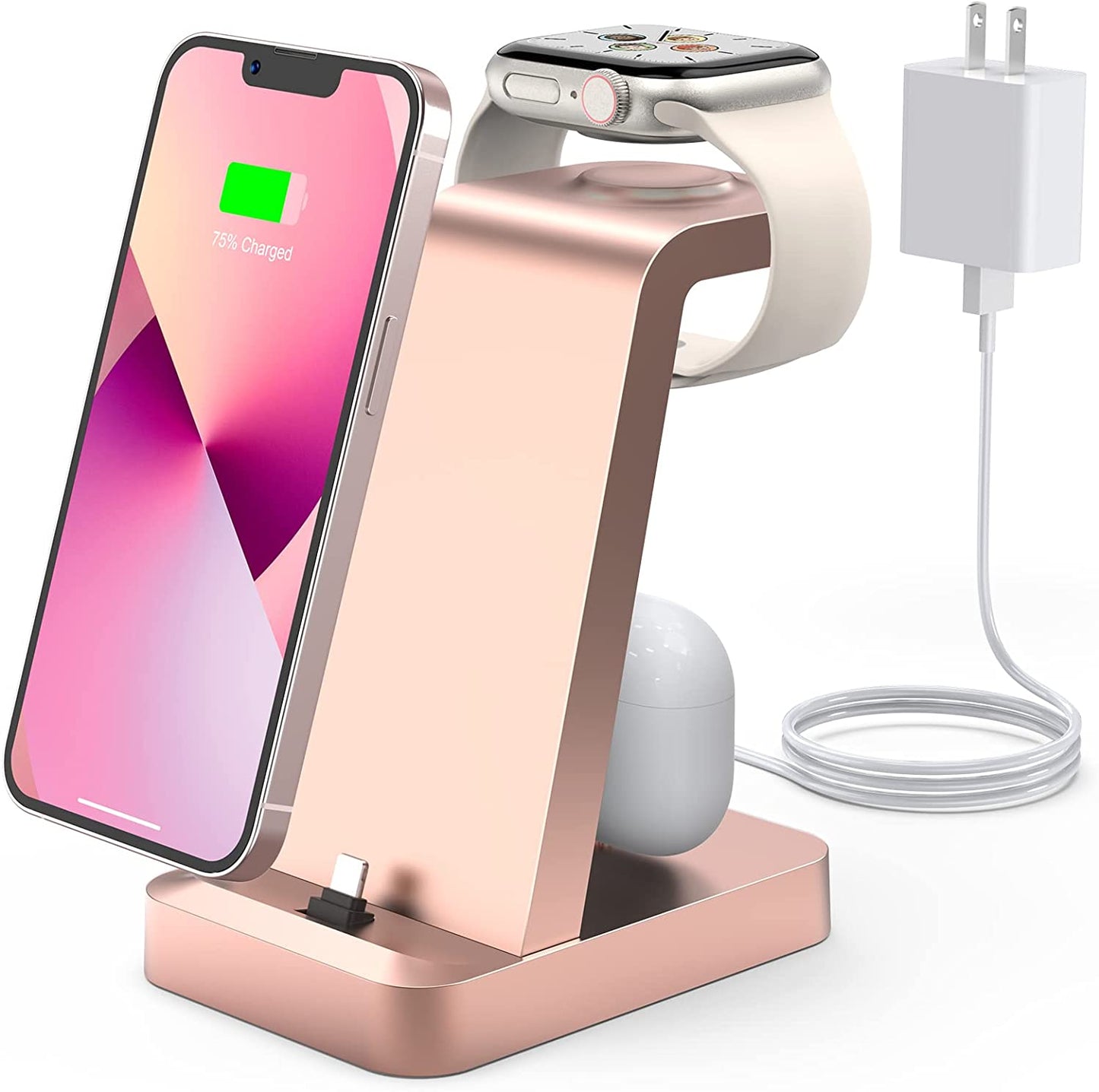 Charger Station for Iphone Multiple Devices - 3 in 1 Fast Wireless Charging Dock Stand for Apple Watch Series 7 6 SE 5 4 3 2 & Airpods Iphone 14 13 12 11 Pro X Max XS XR 8 7 plus 6S 6 with Adapter Shenzhen GTL Technology Co., Ltd. Rose Gold