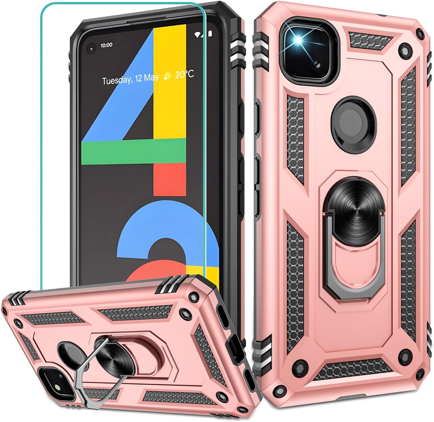 Gritup Google Pixel 4A Case (No Fit for Pixel 4A 5G) with HD Screen Protector, Military-Grade Protective Heavy Duty Phone Case with Magnetic Kickstand Ring for Google Pixel 4A Purple Gritup Rose Gold