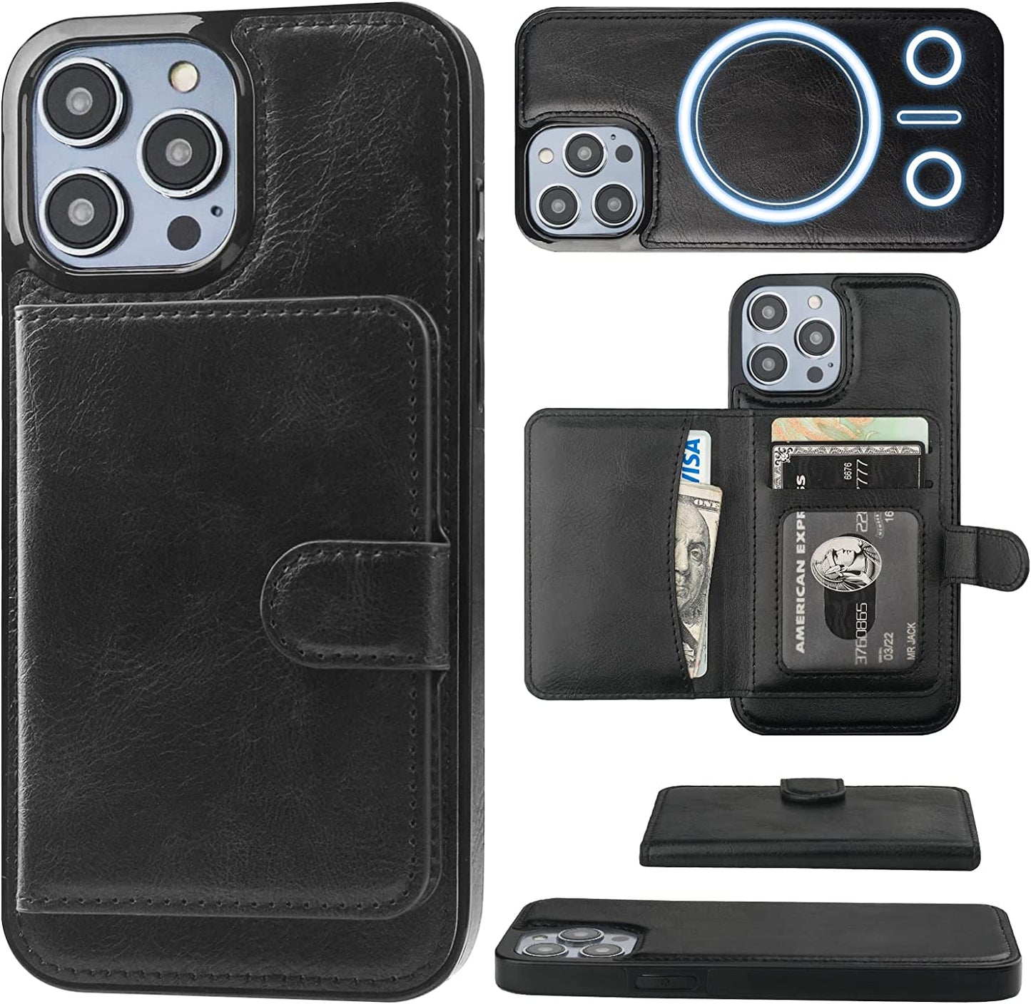 Bocasal Wallet Case for Iphone 14 Pro Max Compatible with Magsafe Magnetic RFID Blocking Detachable Premium PU Leather Flip Case with Card Slots Holder Kickstand Wireless Charging 6.7 Inch (Blue) Bocasal Black