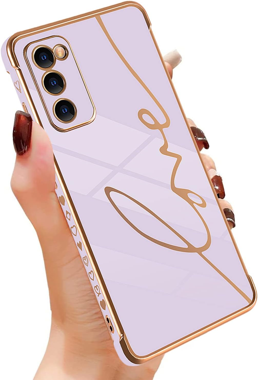 Eiyikof Compatible for Samsung Galaxy S20 FE 5G 6.5" Case with Cute Side Love Heart and Plating Love Letter Pattern Case for Women Girls Shockproof Soft TPU Full Camera Lens Protection Case-Pink Eiyikof Purple Samsung Galaxy S20 Fe
