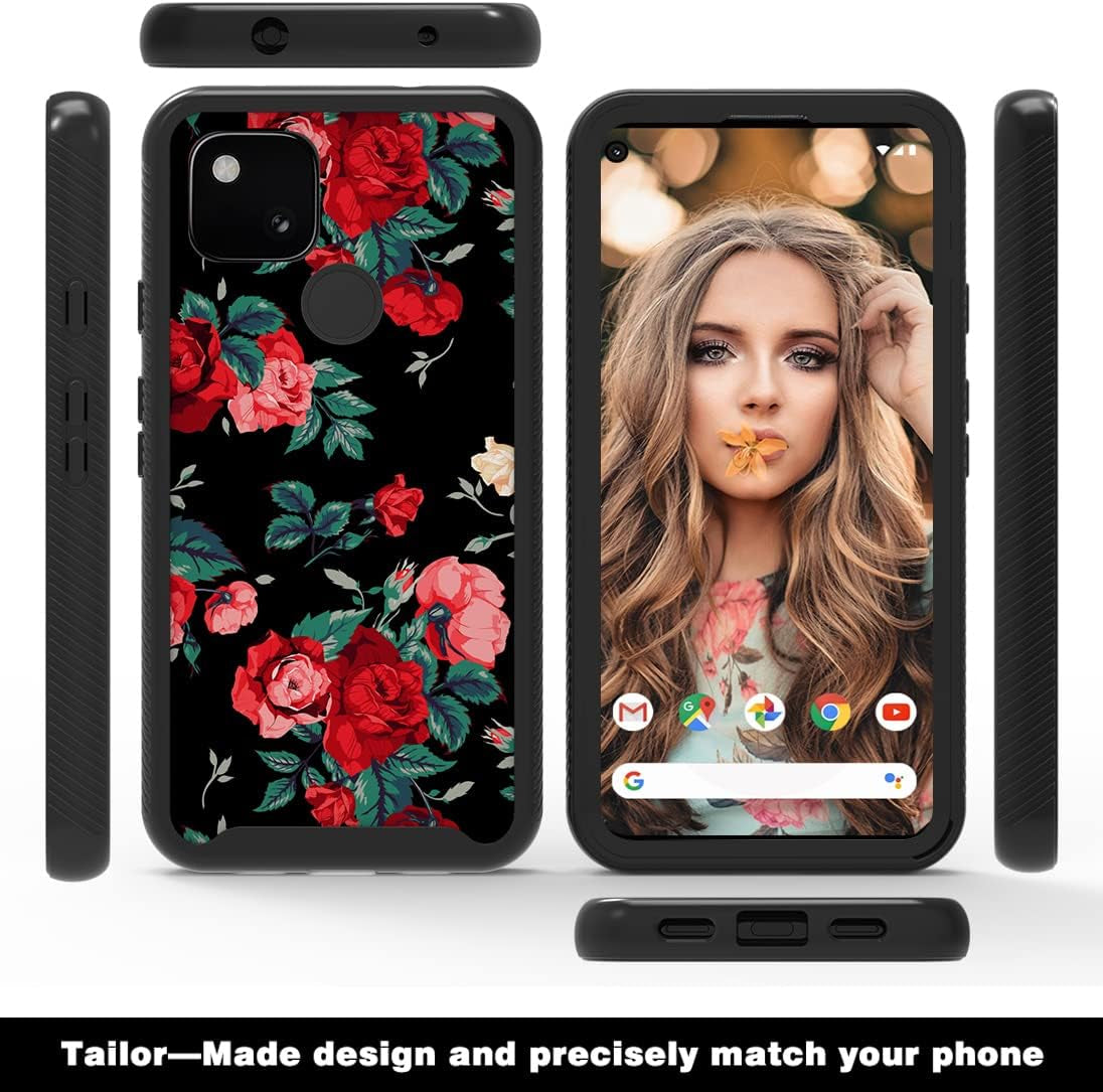 MGAH Pixel 4A 5G Case with Roses Design,Google Pixel 4A 5G Phone Case,Hybrid Triple Layer Armor Protective Cover Flexible Sturdy Anti-Scratch Shockproof Cute Case for Women and Girls-Flowers/Black MGAH