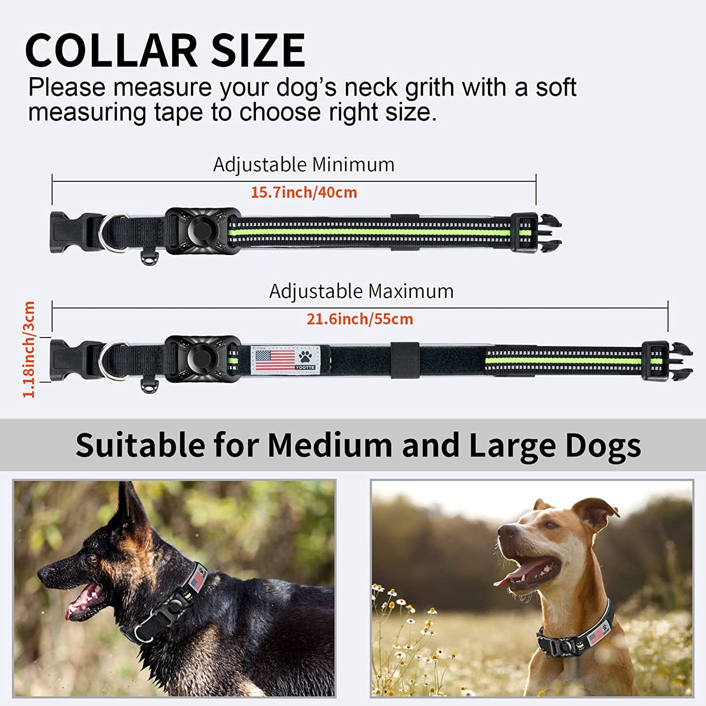 Reflective Airtag Dog Collar with Holder Case, Padded Breathable Dog Collar with Protective Waterproof Airtag Holder Case, Adjustable Nylon Pet Collar GPS Dog Collar for Medium and Large Dogs Yootte