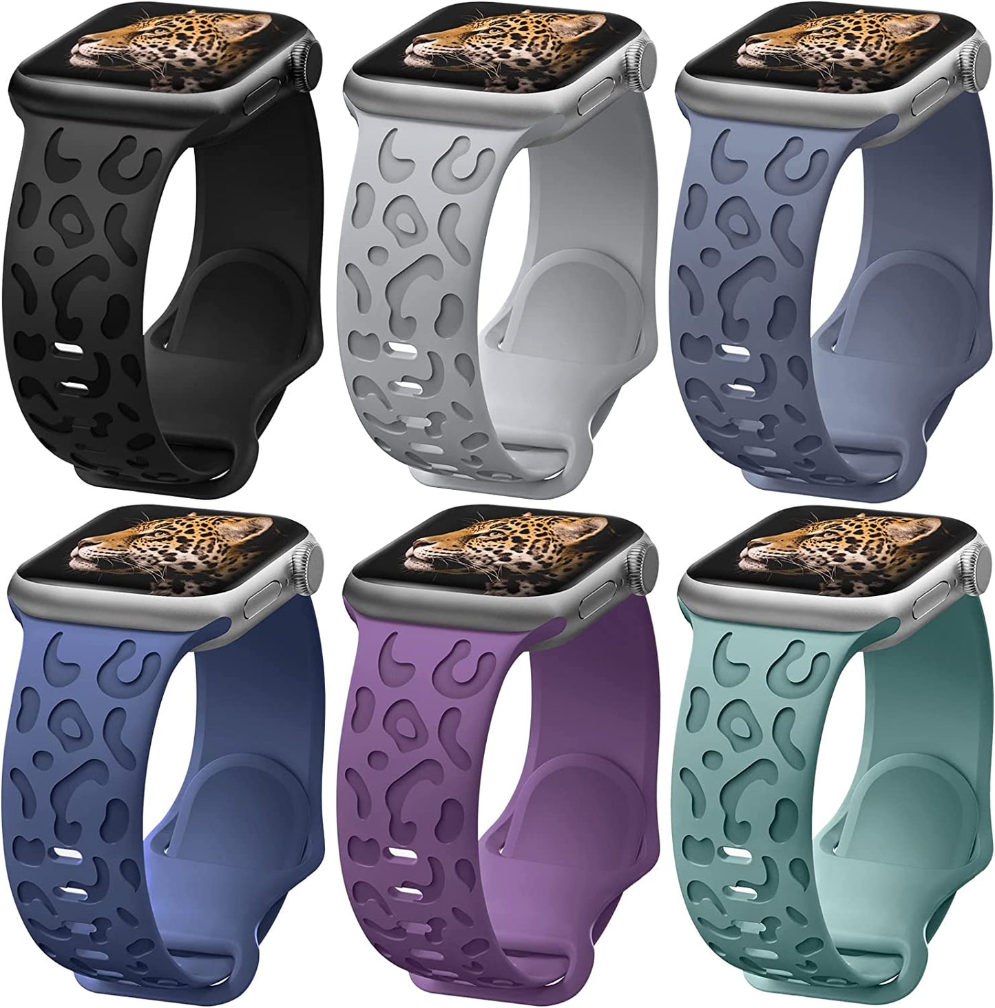 6 Pack Leopard Engraved Band Compatible with Apple Watch Band 38Mm 44Mm 45Mm 49Mm, Waterproof Cheetah Sport Silicone Wristbands Replacement for Iwatch Series 8 7 6 5 4 3 2 SE for Women Starlight-42 TurnForY H-Black/ Gray/ Gray Blue/ Midnight Blue /Purple/ Pinegreen 42mm/44mm/45mm/49mm