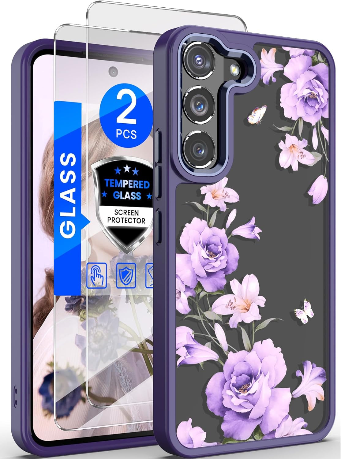 Dretal for Samsung Galaxy S21 5G Case Floral, Military Grade Drop Tested Hard Back & Soft Edge Slim Flower Women Girls Phone Protective Cover + Tempered Glass Screen Protector for Galaxy S21(Green Dretal Deep Purple Lady'S Phone Cover Samsung Galaxy S21 5G