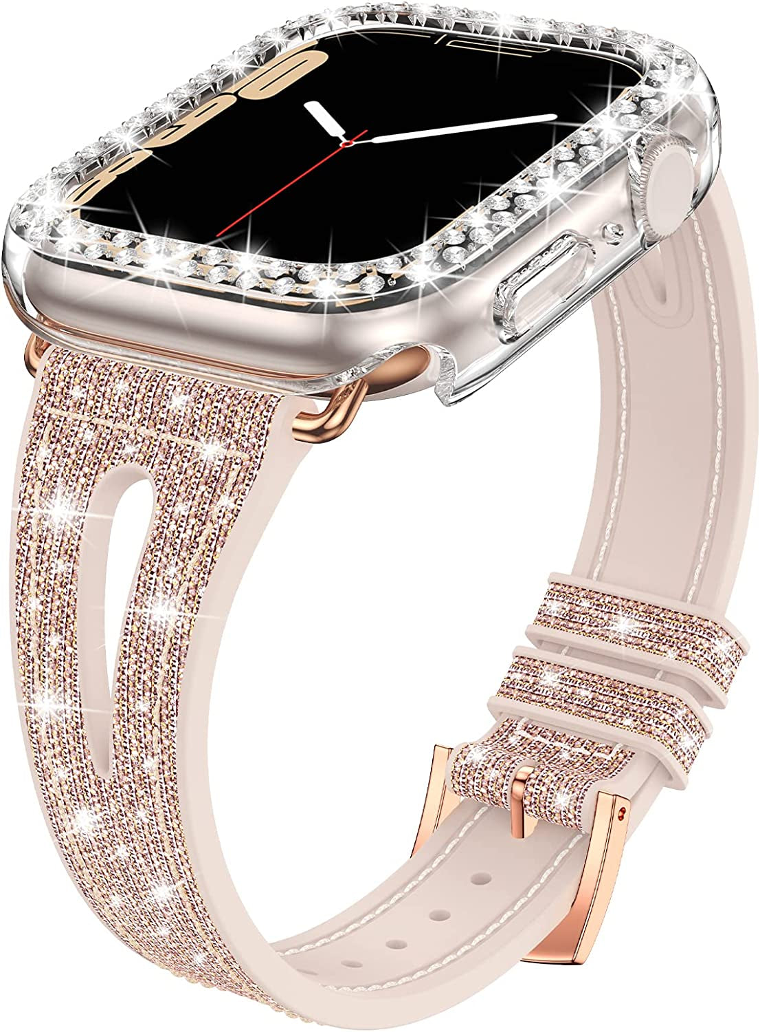 Goton Bling Band +Case for Apple Watch Bands 45Mm 44Mm 41Mm 40Mm 38Mm Series 8 7 SE 6 5 4 3 2 1, Women Glitter Silicone Thin Strap + Bumper Cover Designed for Iwatch Accessories Yin-Goton Pink/Gold 40mm