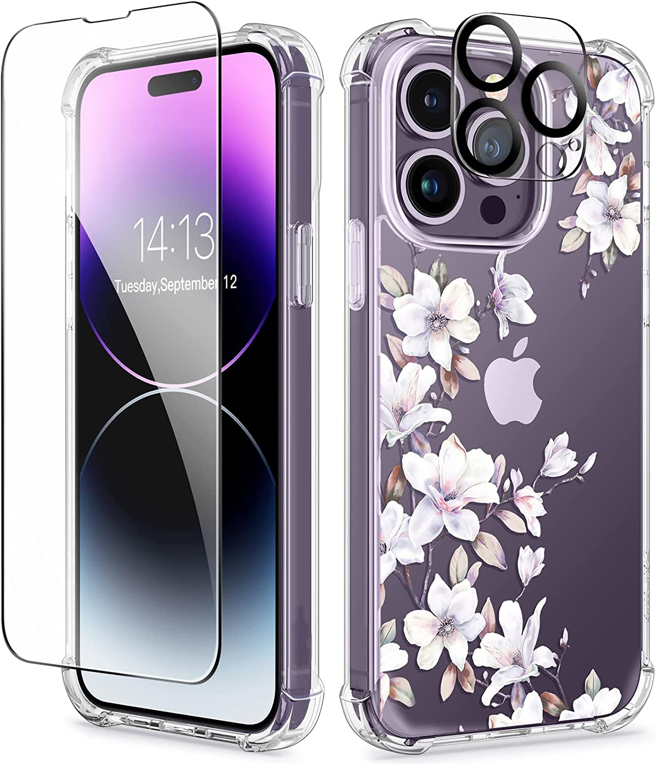 GVIEWIN Compatible with Iphone 14 Pro Case with Screen Protector & Camera Lens Protector, Floral Slim Shockproof Protective Hard PC+TPU Bumper Flower Women Cover, 6.1" 2022(Alluring Butterfly/Purple) GVIEWIN Lilly/Light Purple
