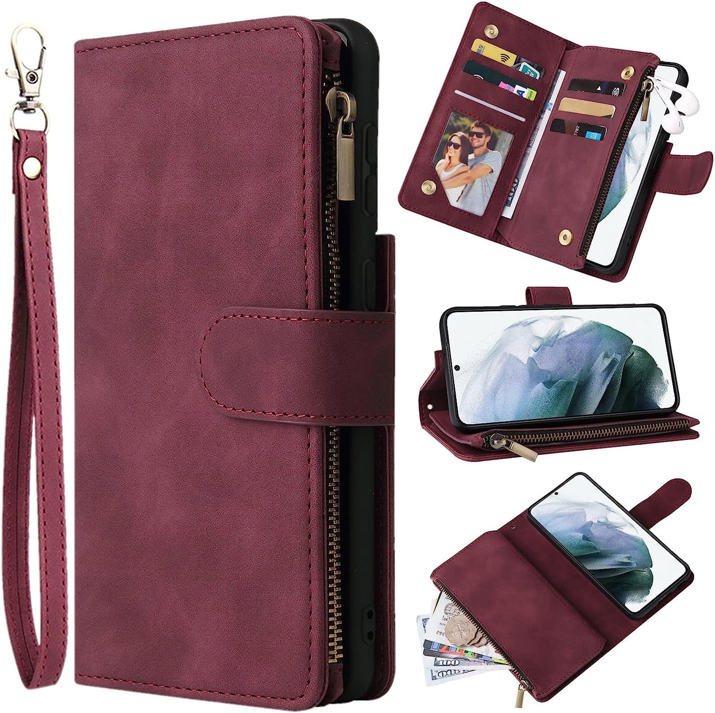 ZZXX Samsung Galaxy S22 Case Wallet with Card Slot Premium Soft PU Leather Zipper Flip Folio Wallet with Wrist Strap Kickstand Protective for Galaxy S22 Wallet Case(Coffee-6.1 Inch) ZZXX Wine Red Samsung Galaxy S22 5G