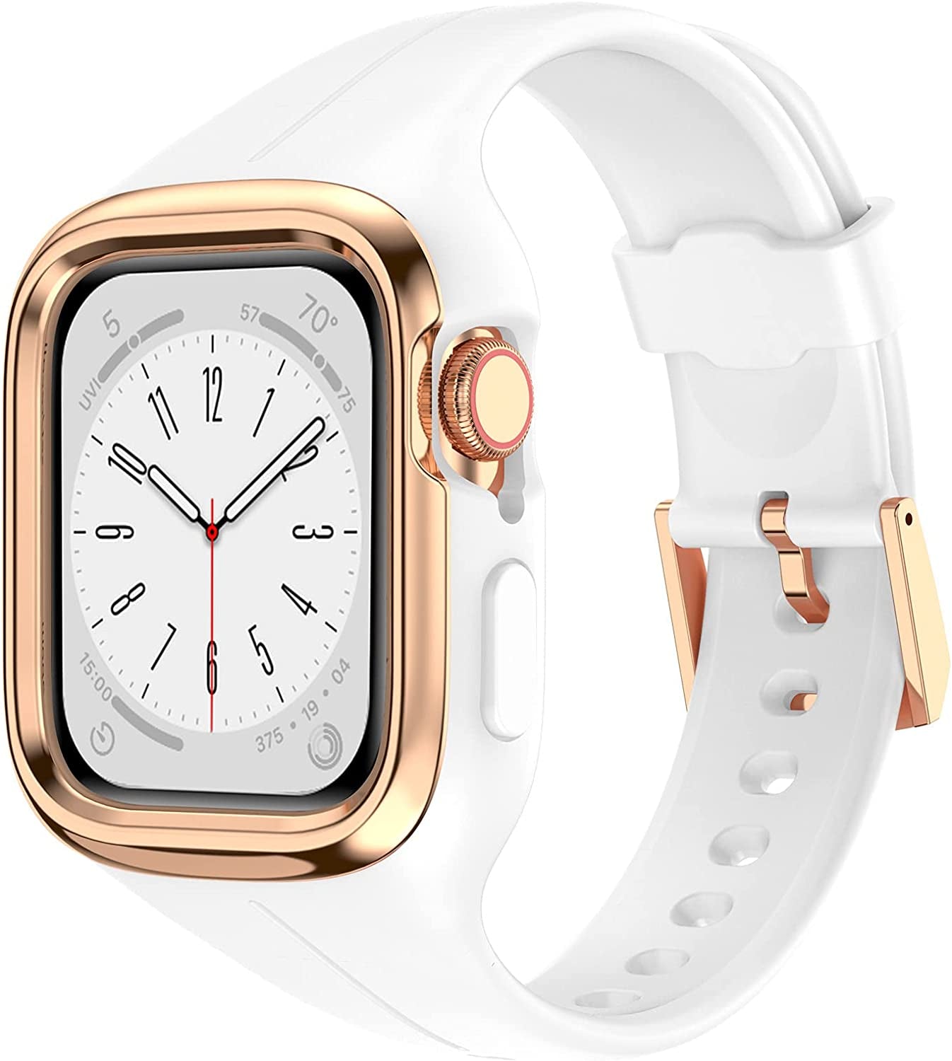 OUHENG Compatible with Apple Watch Band 41Mm 40Mm 38Mm with Bumper Case, Women Sport Strap with Rugged Metal Edge Bumper and Silicone Cover for Iwatch Series 8 7 6 SE 5 4 3 2 1, Starlight/Rose Gold OUHENG White/Rose Gold 41mm/40mm/38mm