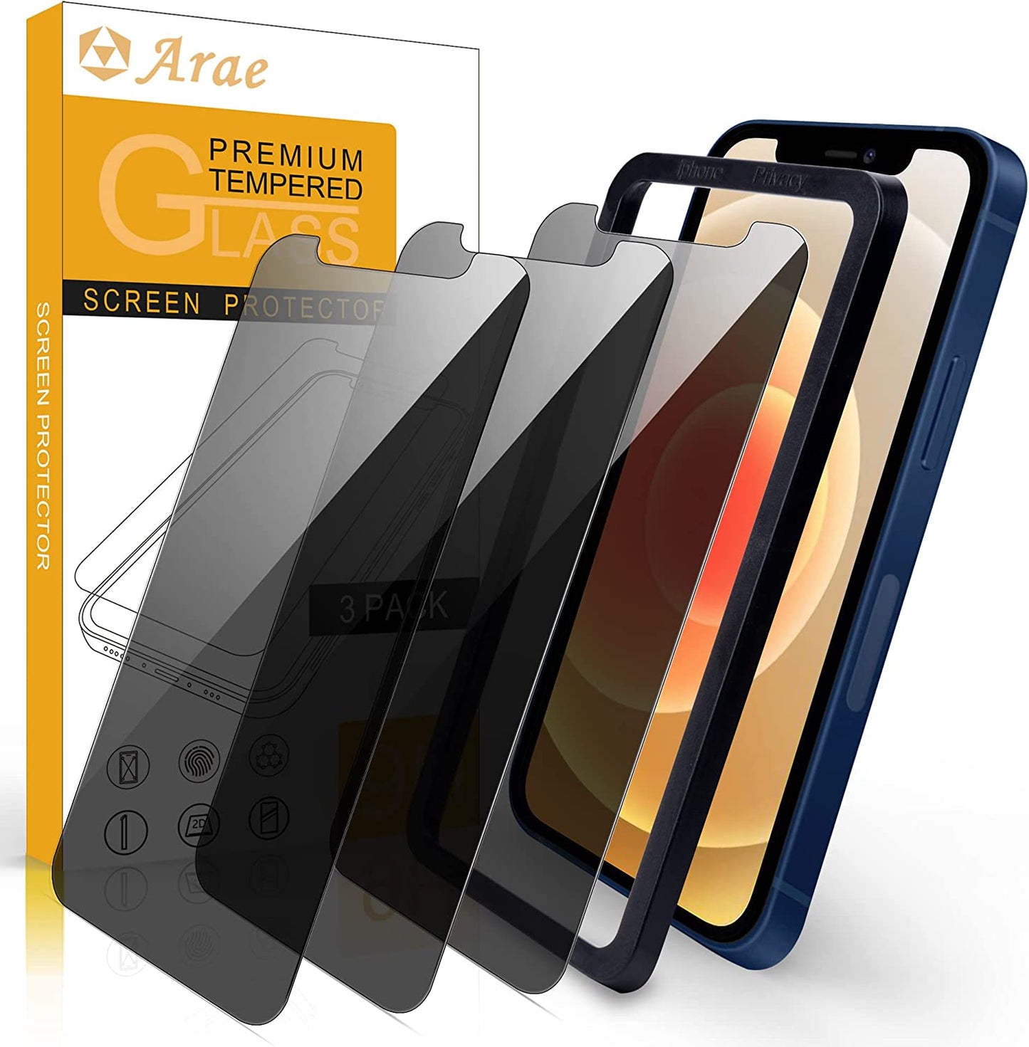Arae Screen Protector for Iphone 12 / Iphone 12 Pro, HD Tempered Glass anti Scratch Work with Most Case, 6.1 Inch, 3 Pack eTemall Privacy Black