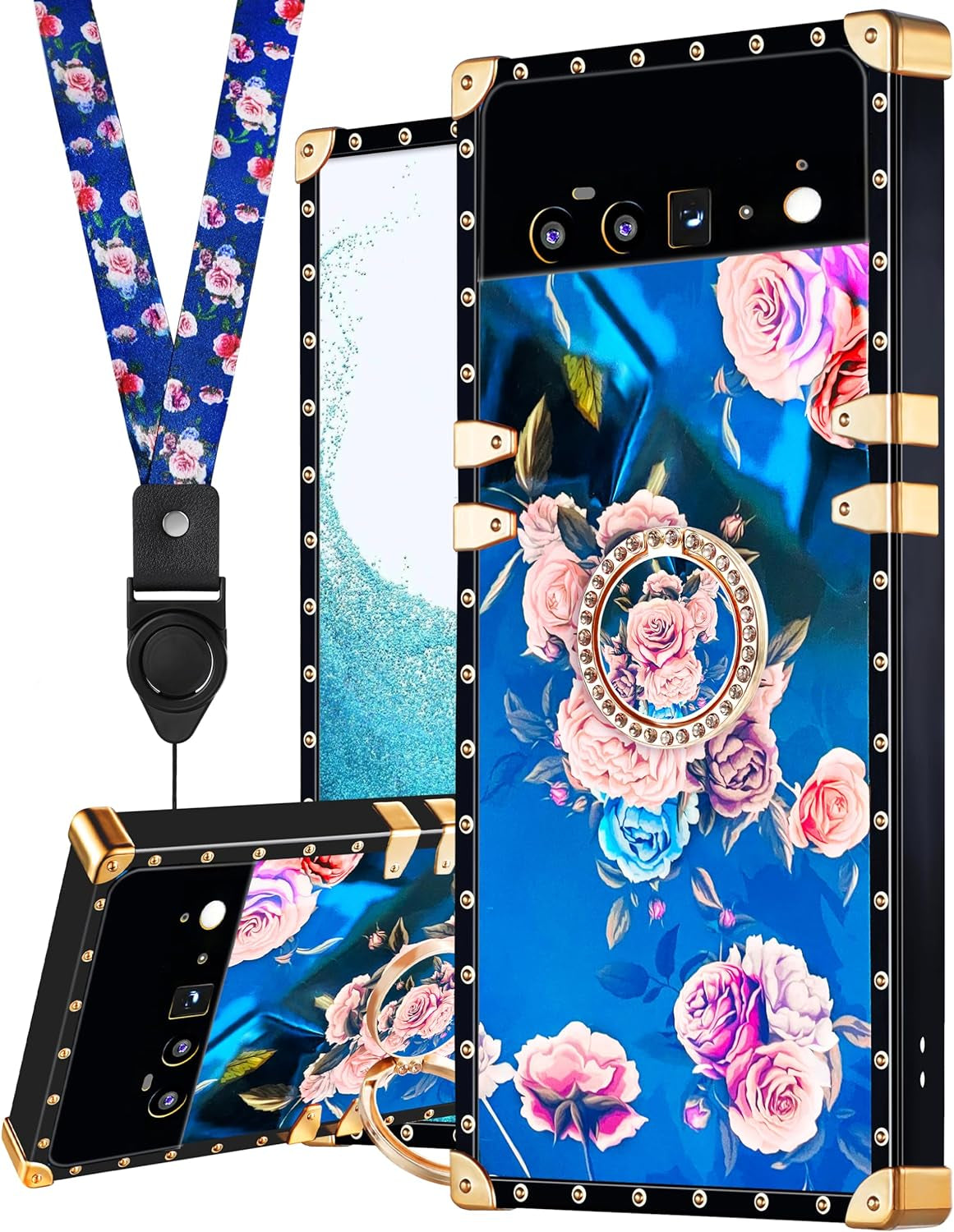 Loheckle for Pixel 6 Pro Case for Women, Designer Square Cases for Google Pixel 6 Pro with Ring Stand Holder and Lanyard, Stylish Bees Luxury Cover for Pixel 6 Pro 6.7 Inch Loheckle Floral