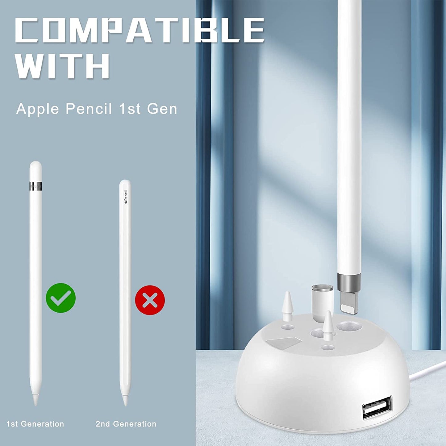 Charger Stand for Apple Pencil Charging Stand Compatible with Ipad Pencil 1St Generation Adapter Ipad Pen Ipencil Charging Dock Station with Led Charging Indicator&Pencil Tips Cap Holder&Usb Port Iootmoy