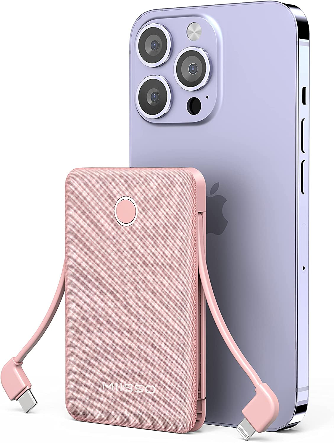 6000Mah Ultra Slim Built in Cables Power Bank, Card Size Built in USB C Cords Battery Pack Portable Charger for Phones, 3 Output External Battery Pack Compatible with Iphone, Samsung and Heated Vest SHENZHEN APPLESSUN ELECTRONIC CO.LTD 6000mah Pink