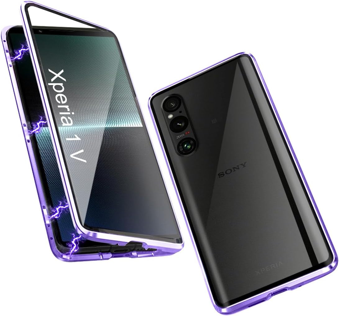 QUIETIP Case Compatible with Sony Xperia 1 V 5G,Magnetic Body Metal Frame Double Sided Clear Tempered Glass Shockproof with Camera Protection Cover Thin,Black QUIETIP Purple 6.5 Inches