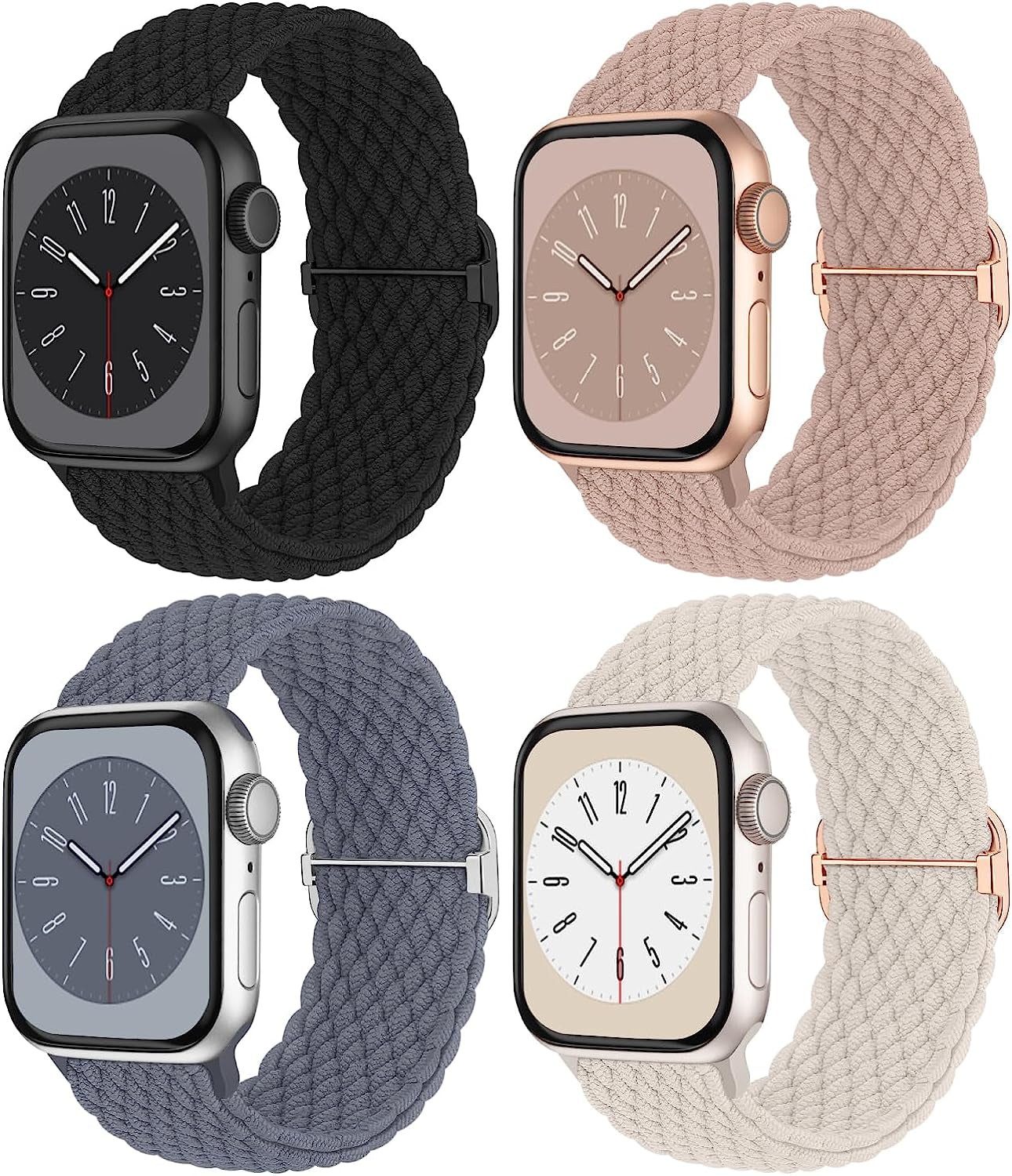 Braided Solo Loop Compatible with Apple Watch Band 38Mm 40Mm 41Mm 42Mm 44Mm 45Mm 49Mm for Women Men, Stretchy Straps Elastic Sport Wristbands for Iwatch Series 8 7 6 5 4 3 2 1 SE Ultra, 4 Packs Butifacion Starlight/Nude Pink/Blue Grey/Black 42/44/45/49mm