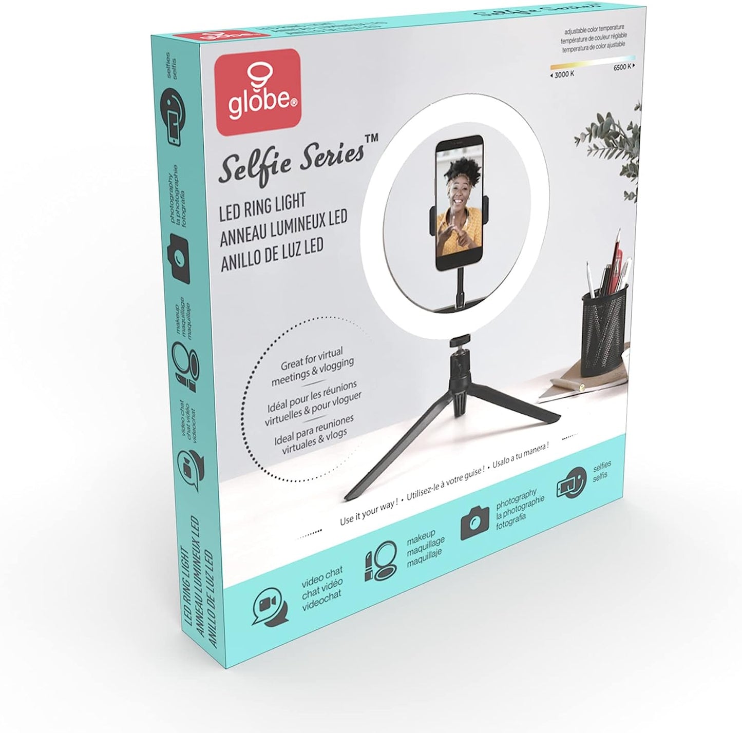 Globe Electric 13338 10'' Ring Light with Tripod Stand, LED Integrated Circle Light with Phone Holder for Live Stream/Makeup/Youtube Video/Tiktok, Compatible with All Phones, Adjustable Height Globe Electric