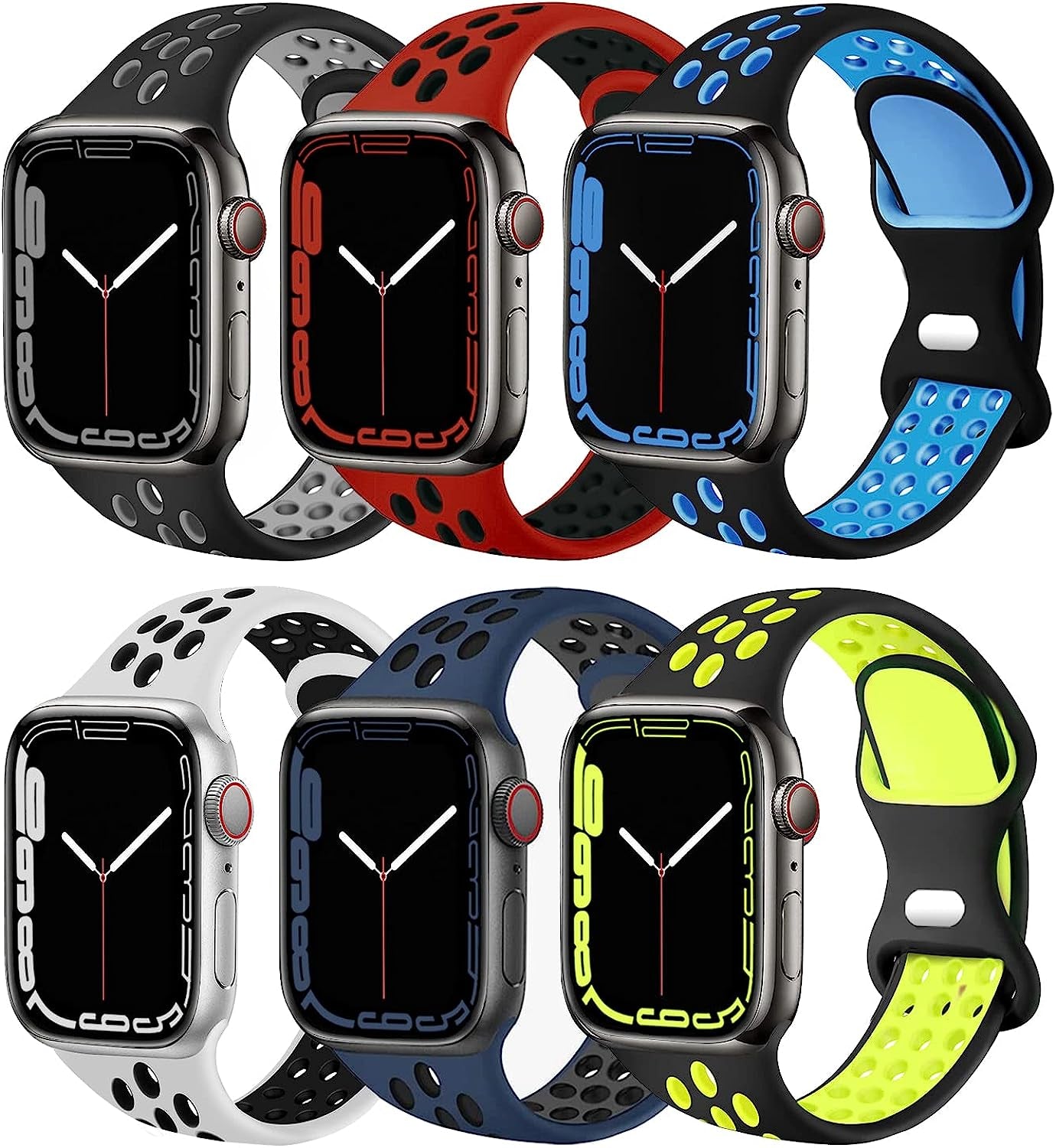Elaikement Sport Bands Compatible with Apple Watch Band 49Mm 45Mm 44Mm 42Mm 41Mm 40Mm 38Mm Men Women, Breathable Soft Silicone Strap Replacement for Iwatch Series 8 7 6 5 4 3 2 1 Ultra SE, 6Pack Elaikement Midnightblue Black/Red Black/Black Volt/Black Grey/White Black/Black Blue 38mm 40mm 41mm