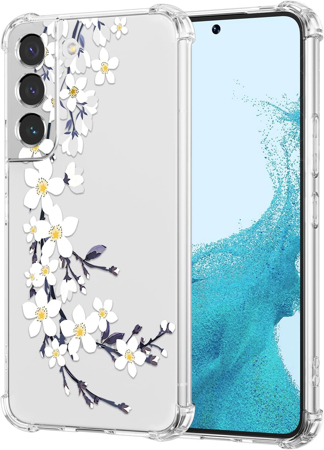 DEFBSC Soft Case Compatible with Samsung Galaxy S22 Plus, Clear Floral Flower Pattern Print Design Flexible TPU Shockproof Cover for Women Girls,Flower Protective Phone Case, White Pear Blossom DEFBSC