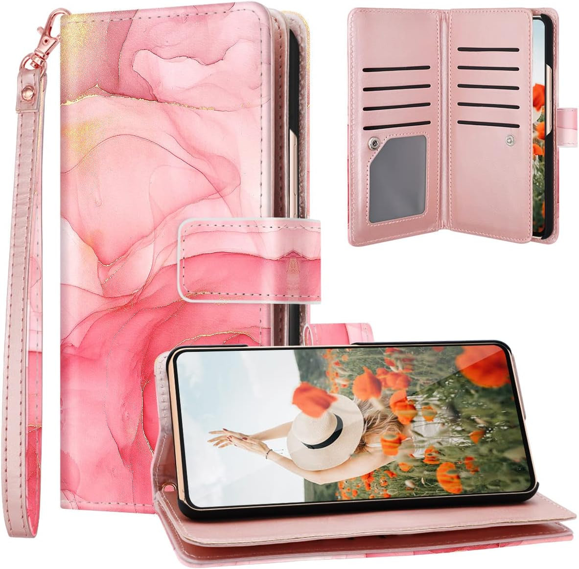 Fingic Compatible with Samsung Galaxy A53 Case Wallet, Rose Gold Marble 9 Card Holder PU Leather Detachable Wrist Strap Wallet Case for Women Cover for Samsung Galaxy A53 5G, Rose Gold