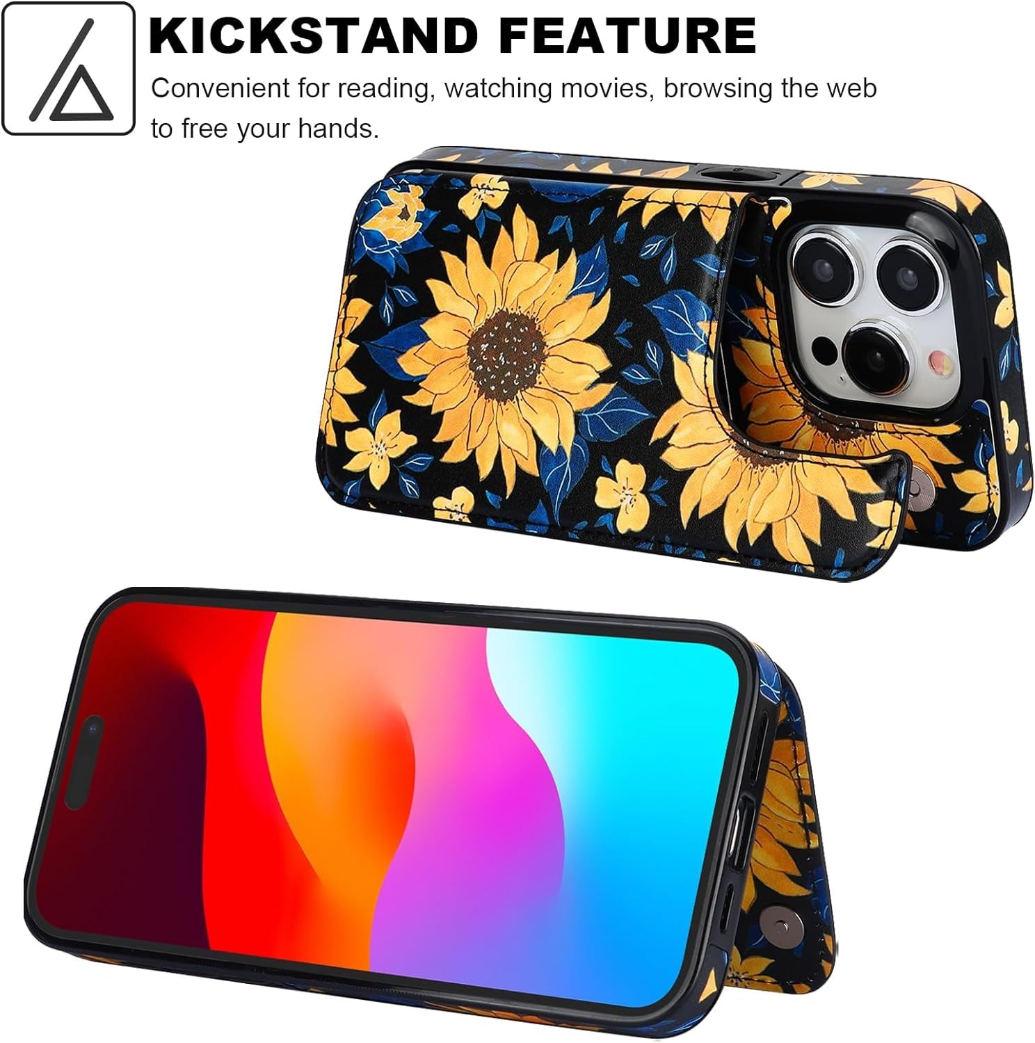 HAOPINSH for Iphone 15 Pro Wallet Case with Card Holder, Blooming Sunflowers Pattern Back Flip Folio PU Leather Kickstand Card Slots Case for Women Girls, Double Magnetic Clasp Cover 6.1"  HAOPINSH   