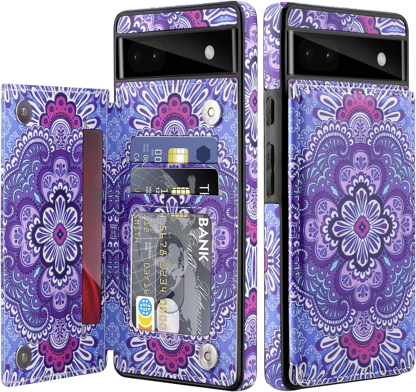 For Google Pixel 6A Case Leather Wallet with Card Holder, Flip Cover Kickstand Card Slots Magnetic Closure Shockproof Heavy Duty Protective Case for Google Pixel 6A 6.1Inch 5G-Rose Gold  Bizzib Purple Mandala  