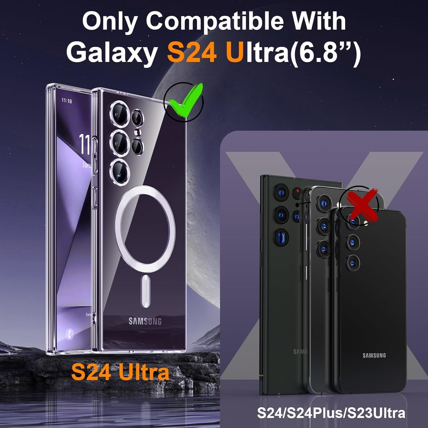 3 in 1 Magnetic for Samsung Galaxy S24 Ultra Case Crystal Clear [Compatible with Magsafe][No-Yellowing][2X Screen Protectors] Mil-Grade Shockproof Soft Phone Case for S24 Ultra 6.8" Clear