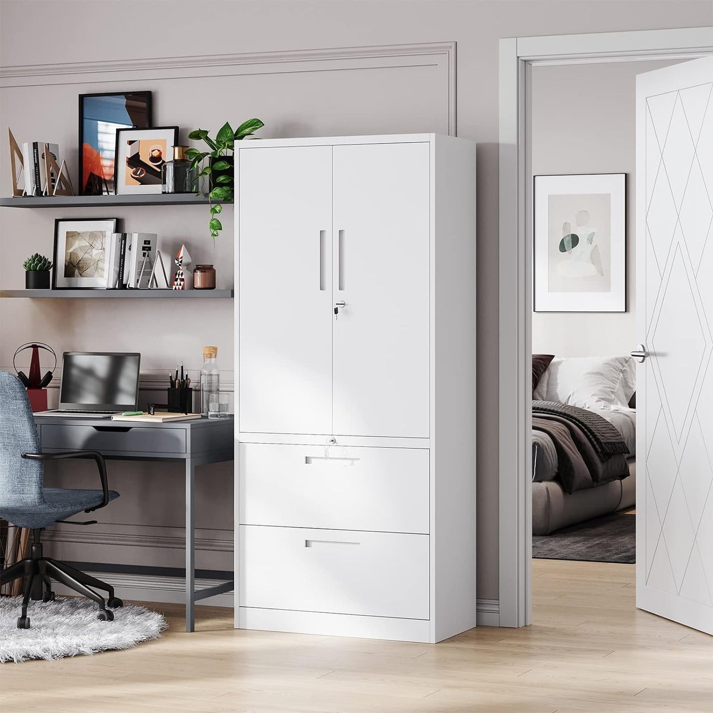 PEUKC 2-Drawer Metal File Cabinet, Lateral Vertical Filing Cabinets for Home Office, Locking File Cabinet with Storage Shelves, Legal/Letter/A4 Size Office File Cabinet, (White, Assemble Required)  PEUKC   