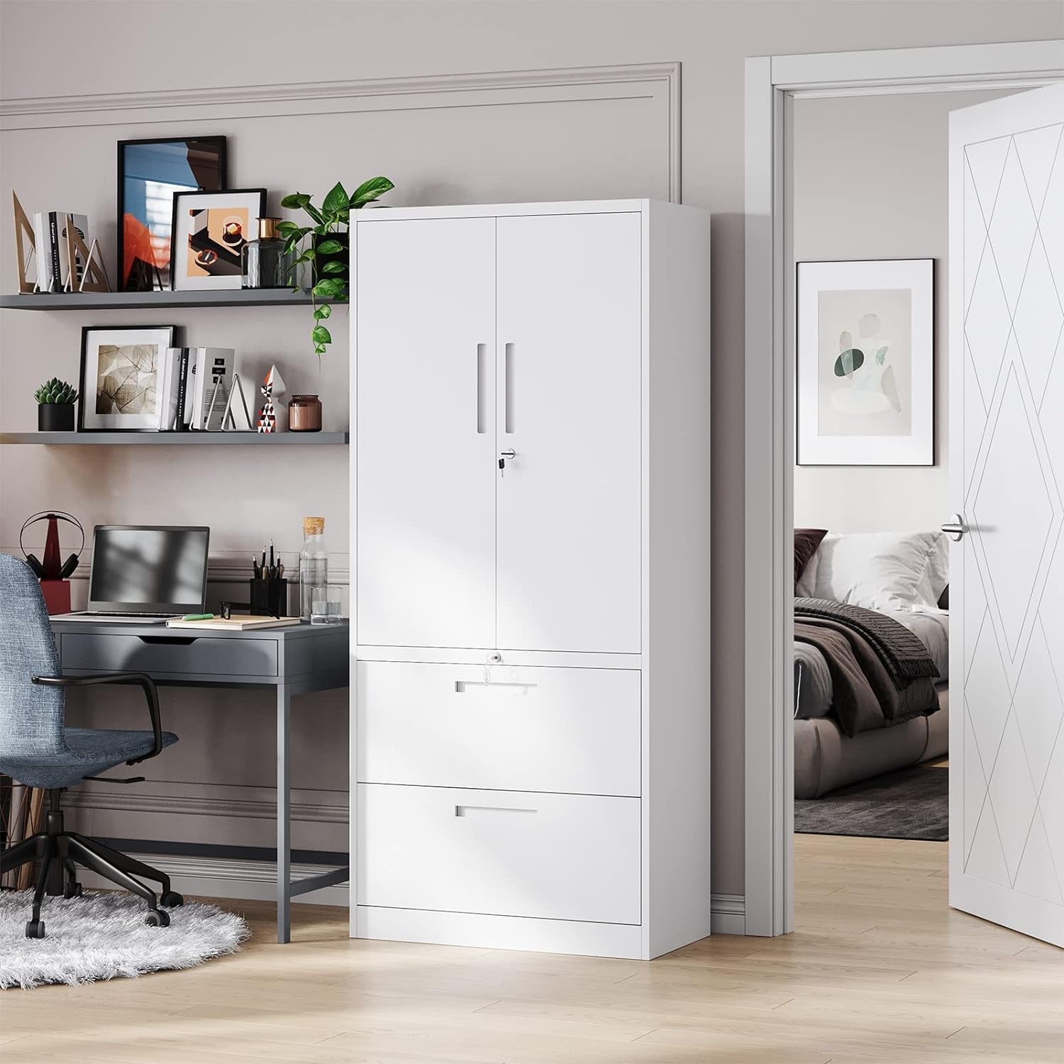 PEUKC 2-Drawer Metal File Cabinet, Lateral Vertical Filing Cabinets for Home Office, Locking File Cabinet with Storage Shelves, Legal/Letter/A4 Size Office File Cabinet, (White, Assemble Required)  PEUKC   