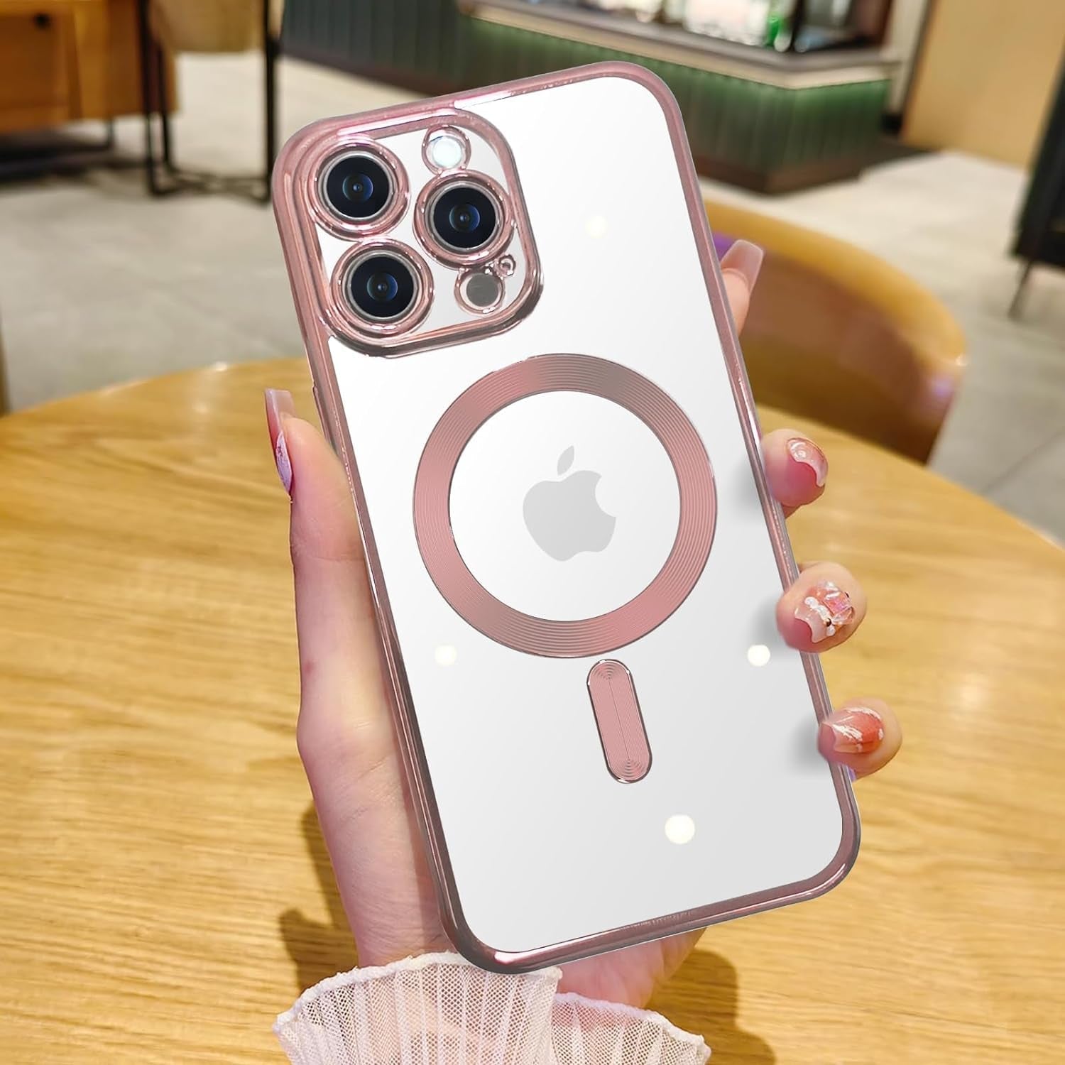 Humixx Magnetic Clear for Iphone 15 Pro Max Case, [Compatible with Magsafe] [Non-Yellowing] Slim Fit yet Protective Anti-Fingerprints Shockproof Bumper with Airbag Cover 6.7 Inch - Crystal Clear  Humixx D-Sakura Pink  