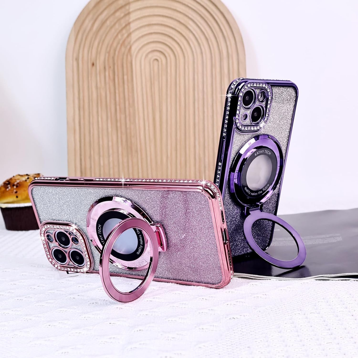 Fycyko Magnetic Case for Iphone 15 Pro Max with Holder Stand,Rhinestone Glitter Plated Bling Luxury Phone Case（Compatible with Magsafe） Shockproof Kickstand Design for Iphone 15 Pro Max-Pink  Fycyko   