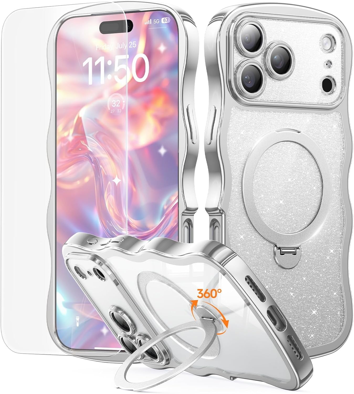 3 in 1 for Iphone 17 Pro Max Case with 360° Spin Magnetic Stand, 1X DIY Glitter Cardstock+1X Screen Protector, [Fit for Magsafe]Cute Wavy Glossy Clear Phone Cover for Women Girls 6.9", Cosmic Orange