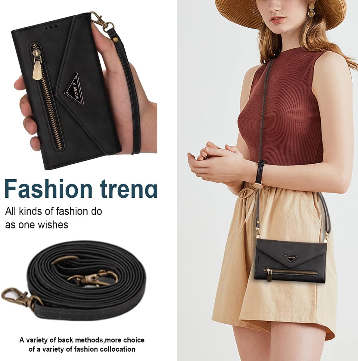 For Samsung Galaxy A53 5G Crossbody Purse Phone Case with Card Holder, Adjustable Lanyard Wallet Cover Cases for Samsung Galaxy A53 Handbag Black