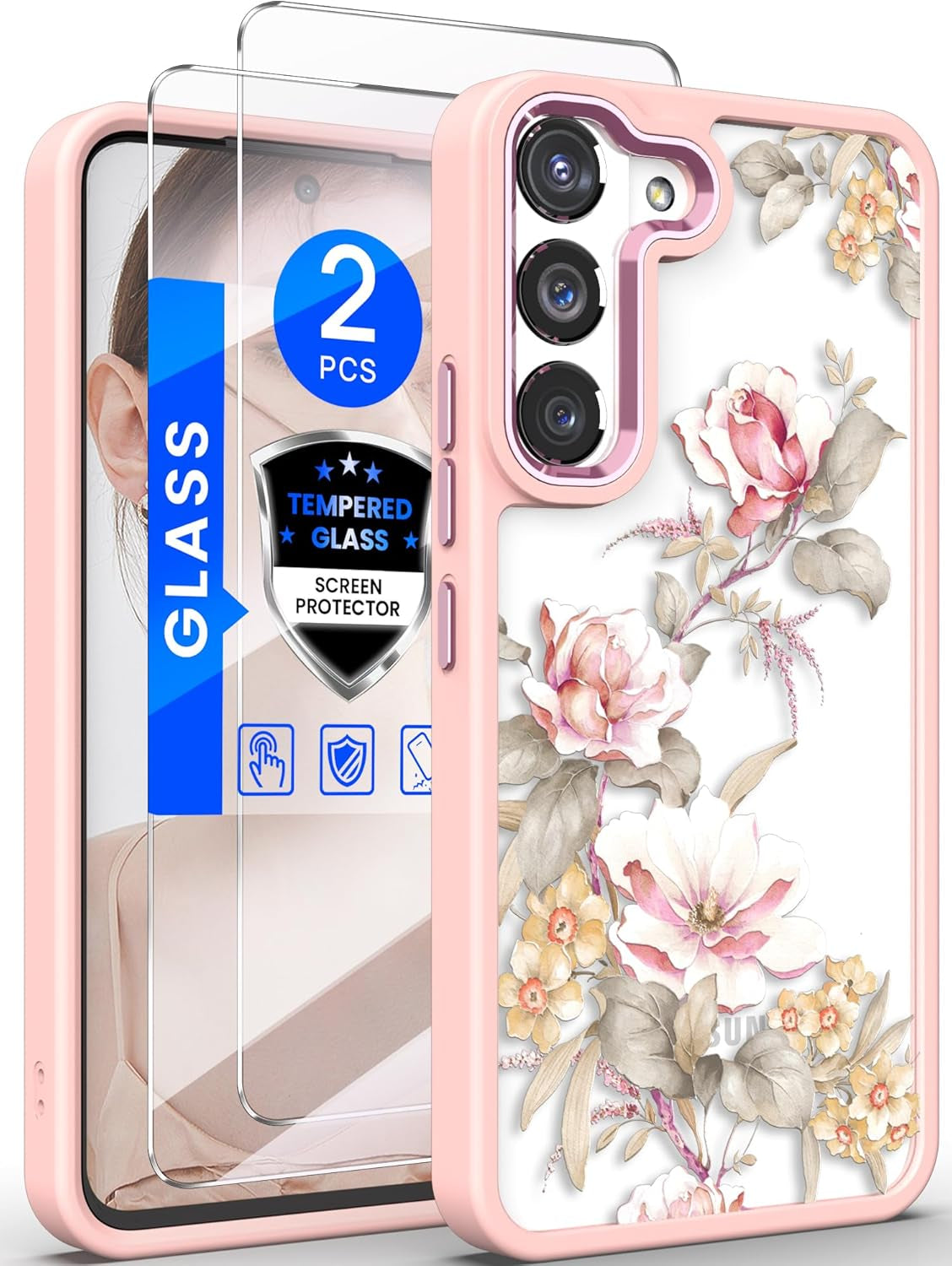 Dretal for Samsung Galaxy S22 5G Case Floral, Military Grade Drop Tested Hard Back & Soft Edge Slim Flower Women Girls Phone Protective Cover + Tempered Glass Screen Protector (Deep Purple)