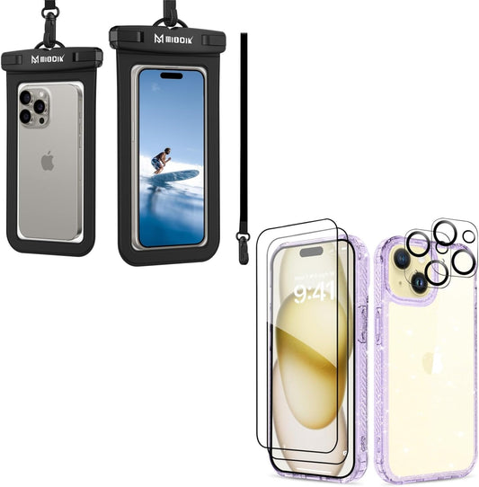 MIODIK Bundle - for Waterproof Phone Pouch + Iphone 15 plus Case, with Detachable Lanyard + 9H Tempered Glass Screen Protector + Camera Lens Protector - Black + Purple  MIODIK   