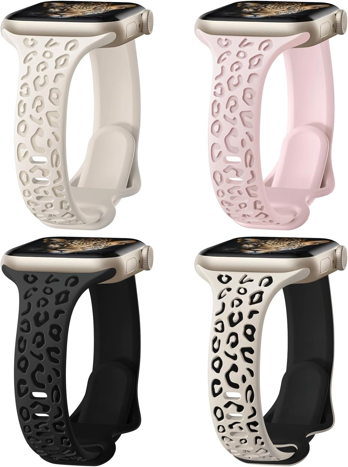 4 Pack Slim Leopard Engraved Bands Compatible for Apple Watch Bands 41Mm 40Mm 38Mm 45Mm 44Mm 42Mm 49Mm Women, Thin Soft Silicone Cheetah Sport Strap for Iwatch Bands Series 9 8 7 6 5 4 3 2 1 Ultra SE