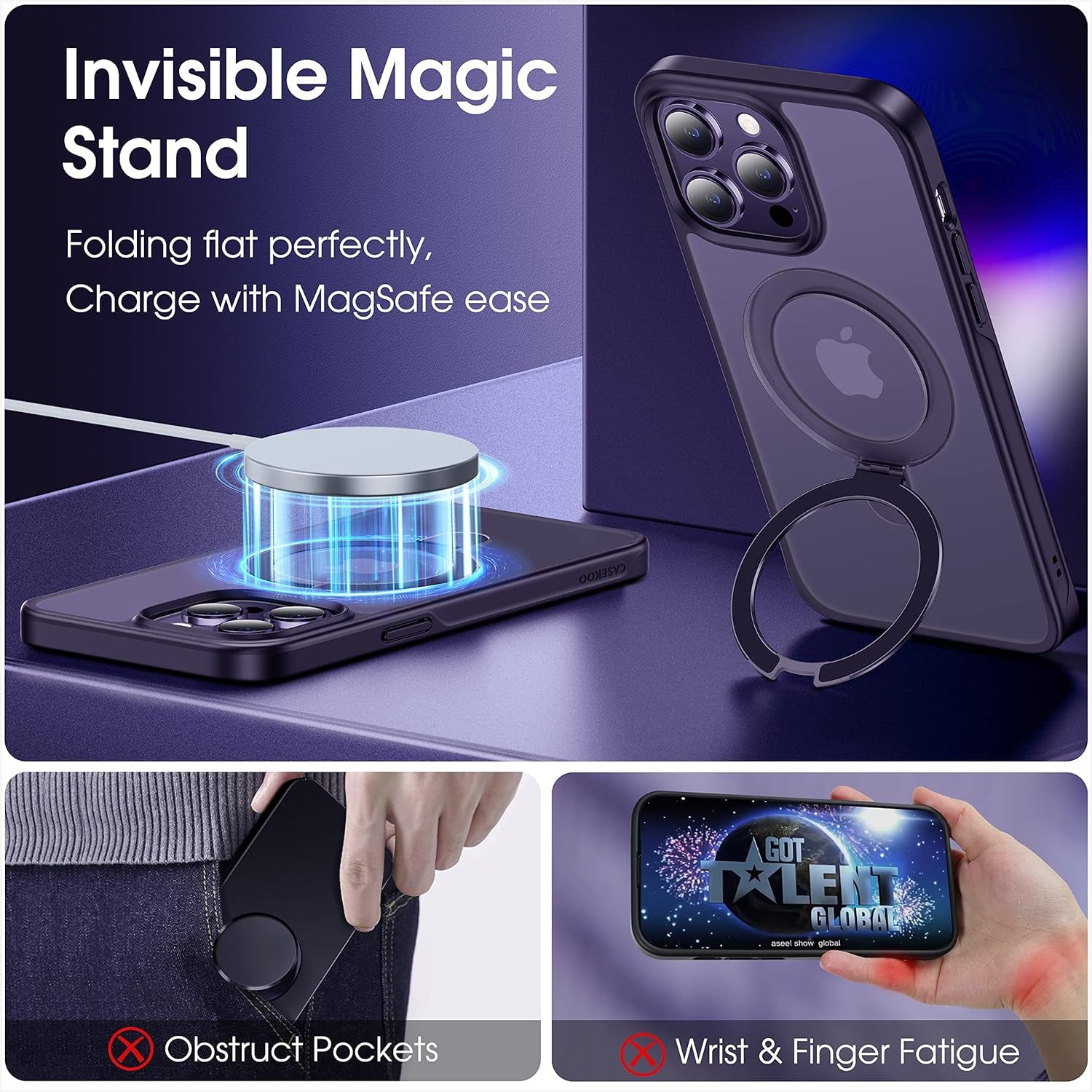CASEKOO for Iphone 14 Pro Case with Magnetic Ring Stand [Military Drop Protection] [Compatible with Magsafe] Shockproof Slim Translucent Matte Phone Cases 6.1 Inch 2022, Purple  CASEKOO   