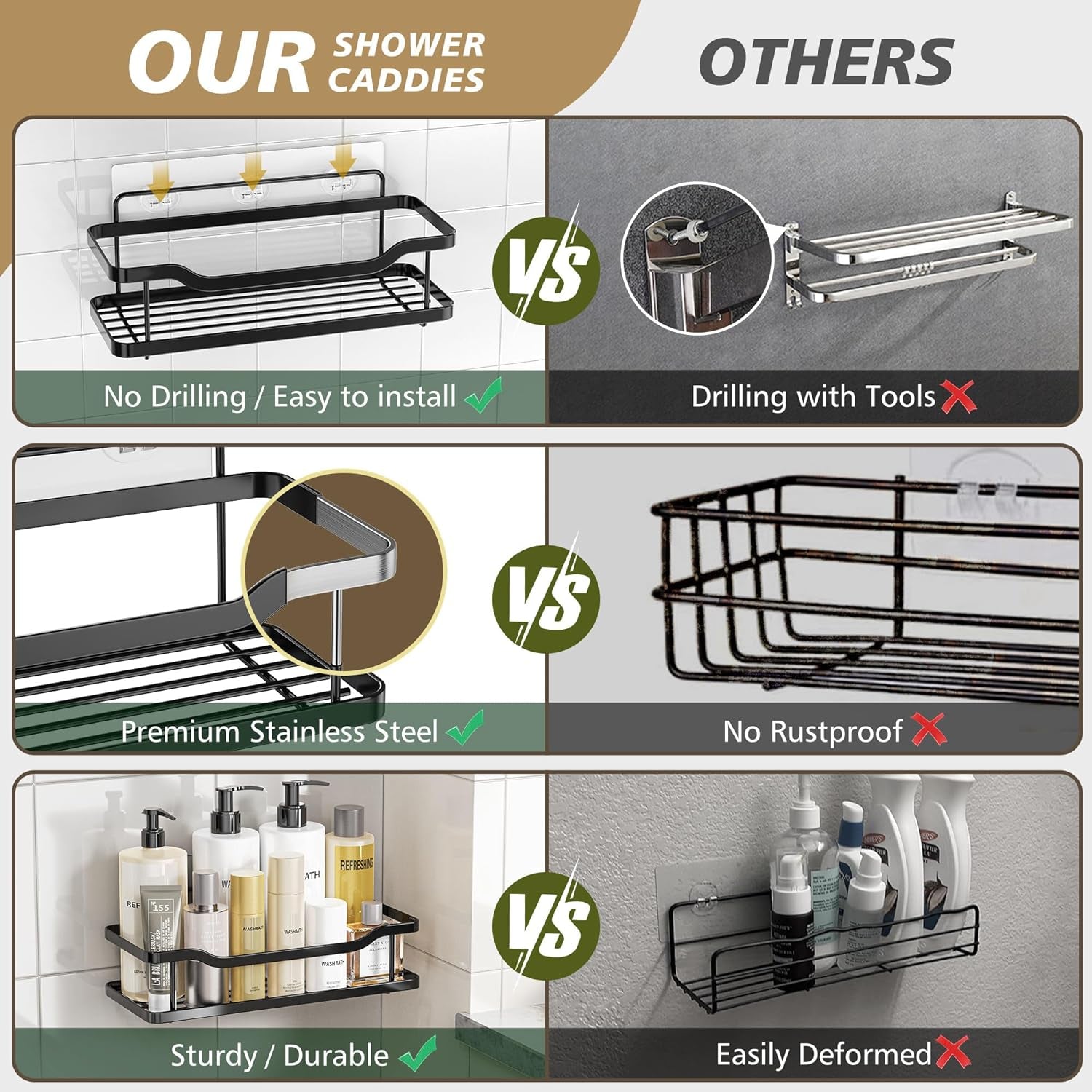 OMAIRA Shower Caddy, 2-Pack Adhesive Shower Organizer, No Drilling Rustproof 304 Stainless Steel Shower Shelves for inside Shower & Bathroom Organizer, Matte Black(X-Large)  OMAIRA   