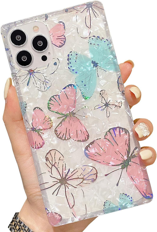 BANAILOA Compatible with Iphone 14 Pro Square Case for Women,Sparkle Butterfly Case Cute Ultra Thin Protective Soft Silicone Girly Case Pink Cover for 14 Pro - 6.1 Inch (Butterfly-Pink)  xiaxuanyue   